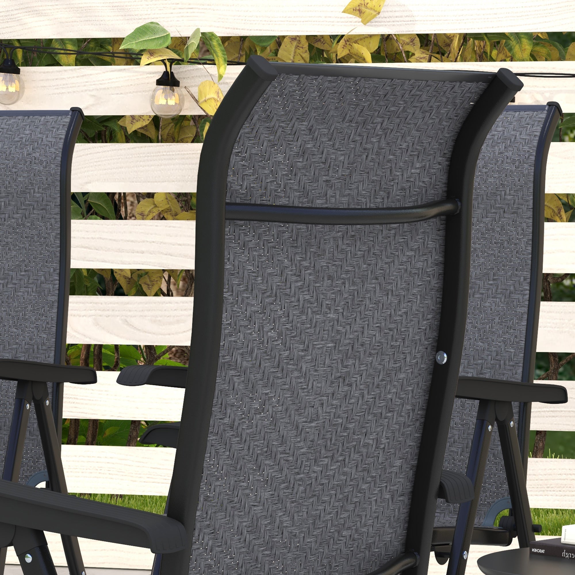 4 Piece Outdoor Folding Rattan Chair Set with Adjustable Backrest - Black