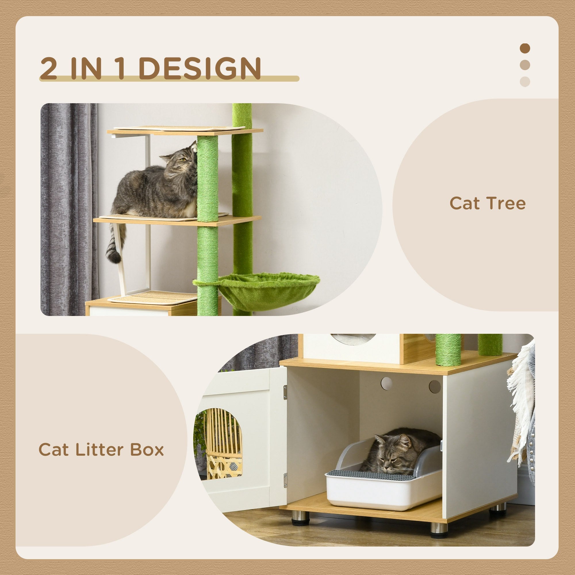 Cat Tree with Cat Litter Box for Indoor Cats, Cat Enclosure with Scratching Post, Cat Condo, Hammock, Platforms, Removable Cushions, Oak