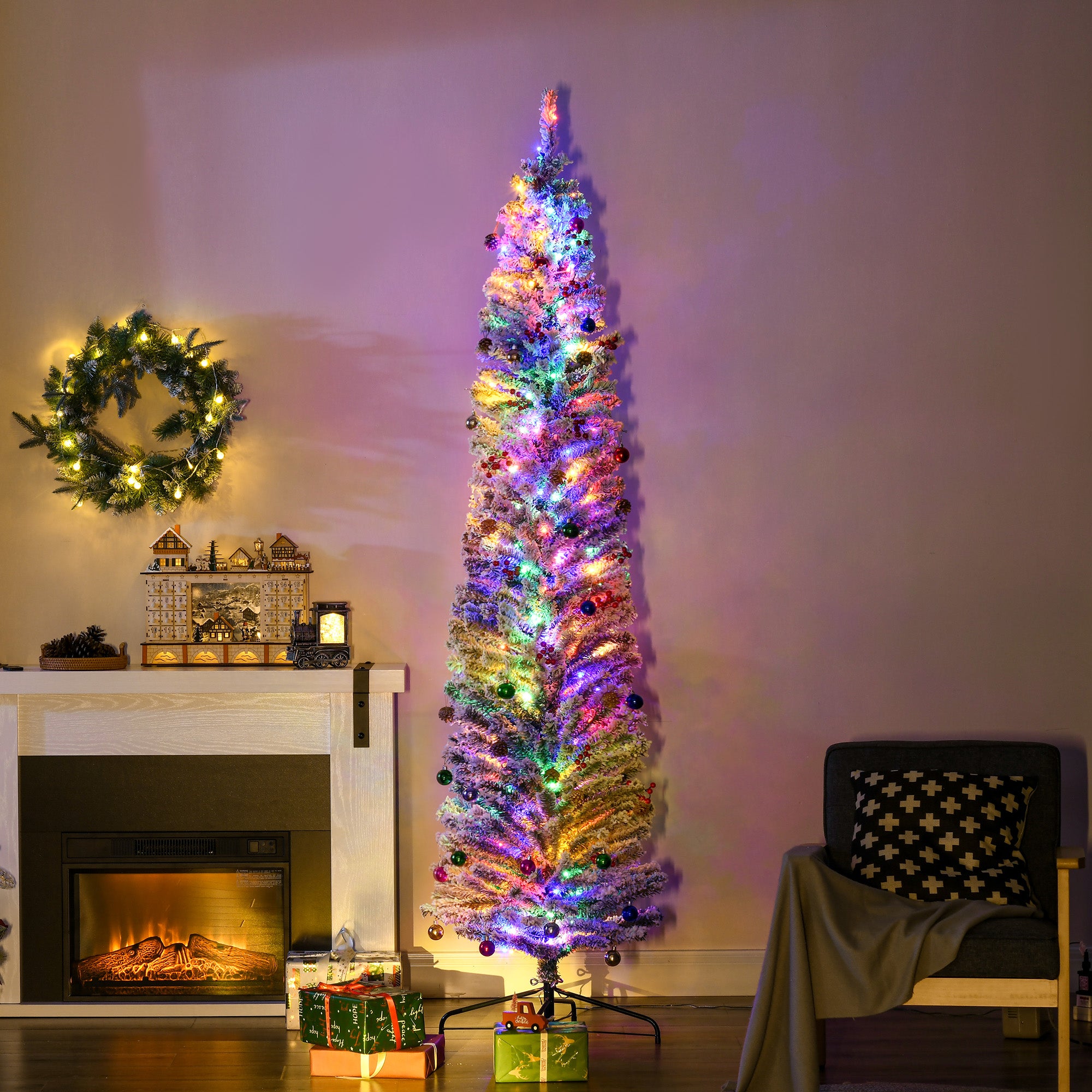 7.5' Artificial Prelit Christmas Trees Holiday Décor with Warm White LED Lights, Flocked Tips, Berry, Pine Cone