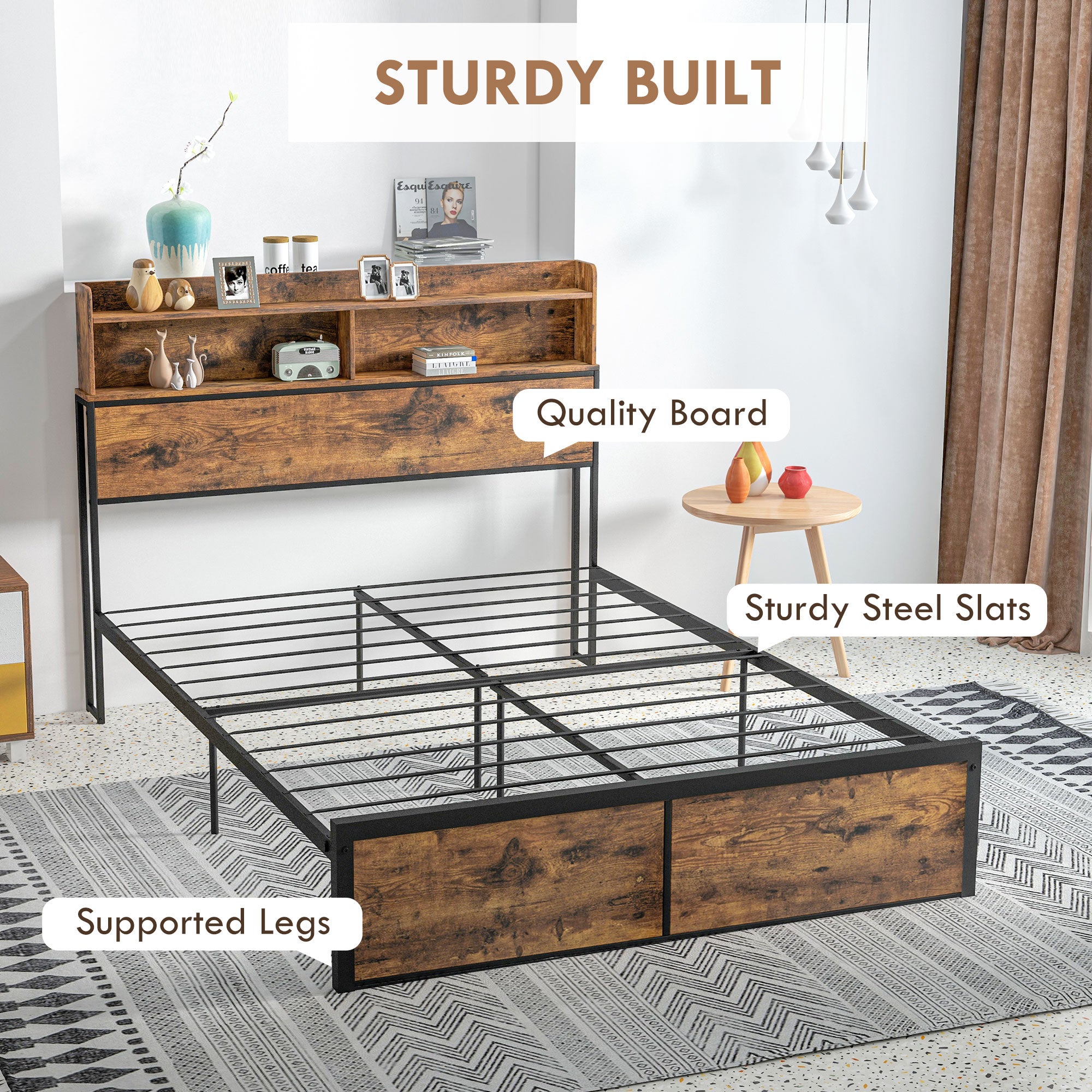 Industrial Double Bed Frame, 4.8FT Steel Bed Base w/ Storage Headboard, Footboard, Under Bed Storage, 145 x 209cm, Rustic Brown