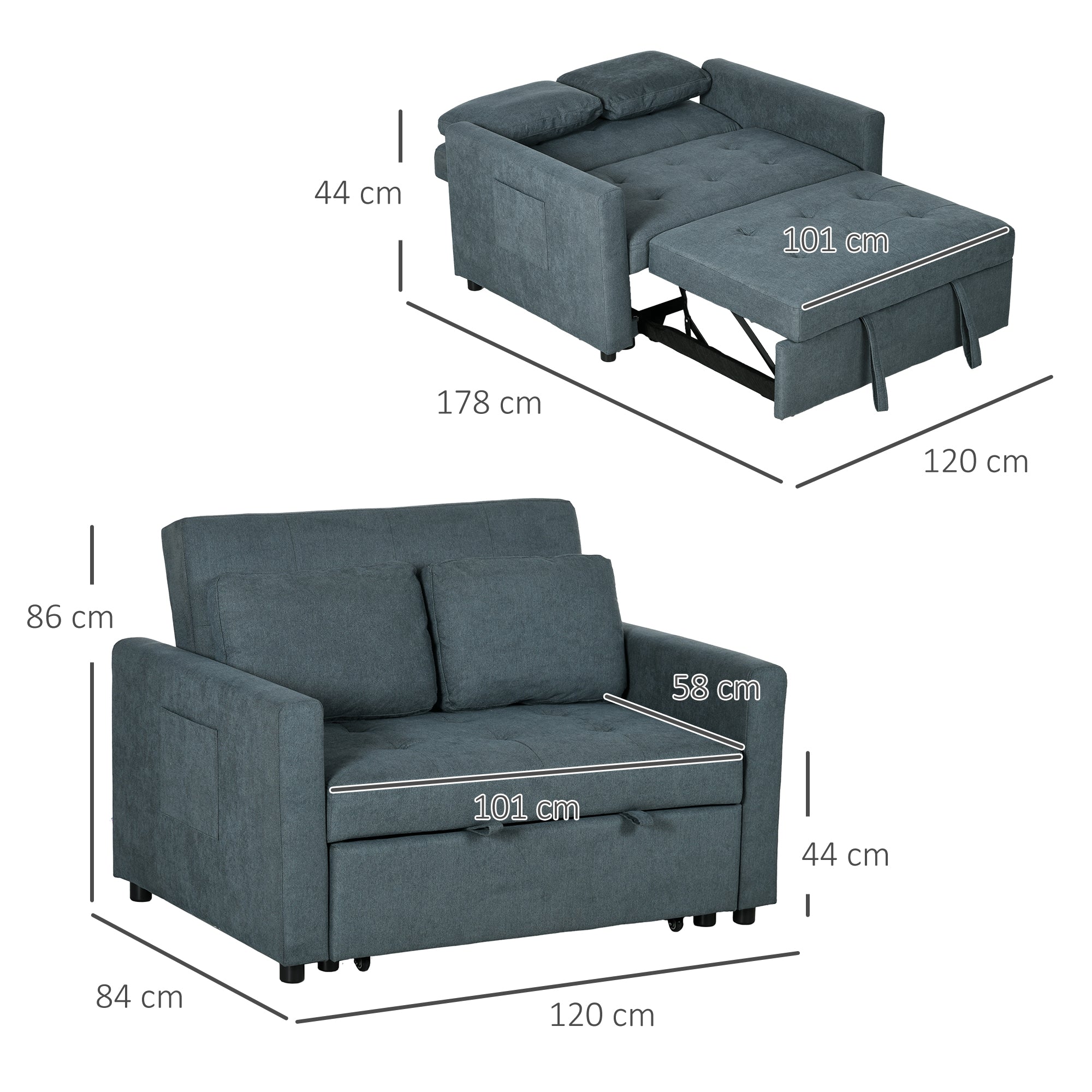 Loveseat Sofa Bed, Convertible Bed Settee with 2 Cushions, Side Pockets for Living Room, Charcoal Grey