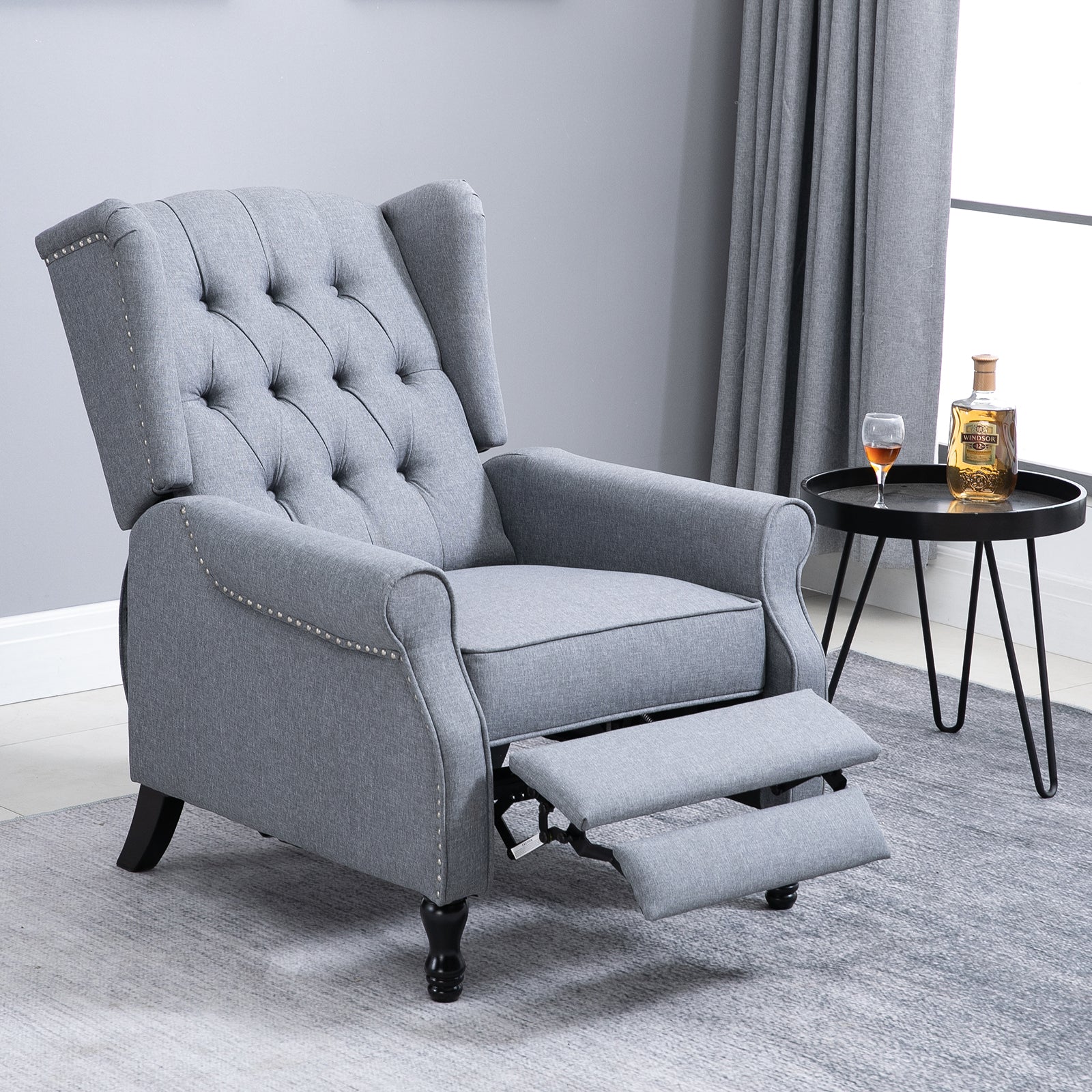 Recliner Armchair for Living Room, Reclining Chair, Wingback Chair with Button Tufted Back and Footrest, Light Grey