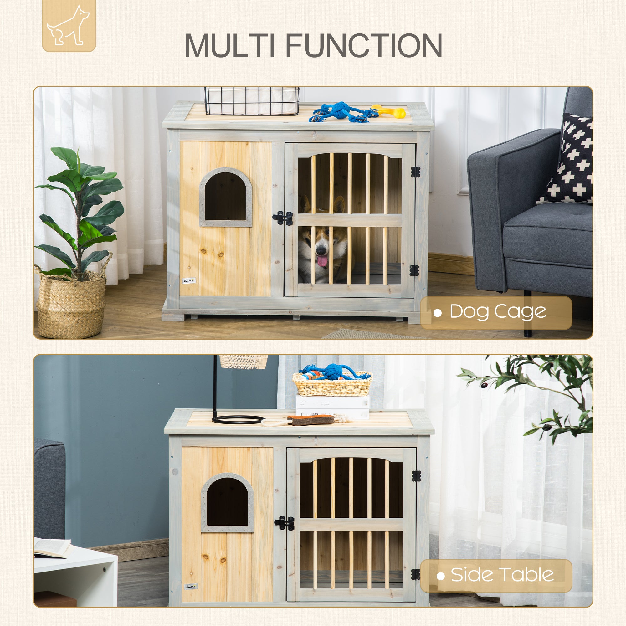 Wooden Dog Crate, End Table w/ Lockable Door and Window for Small and Medium Dog, Grey and Yellow, 95 x 65.5 x 70.5cm