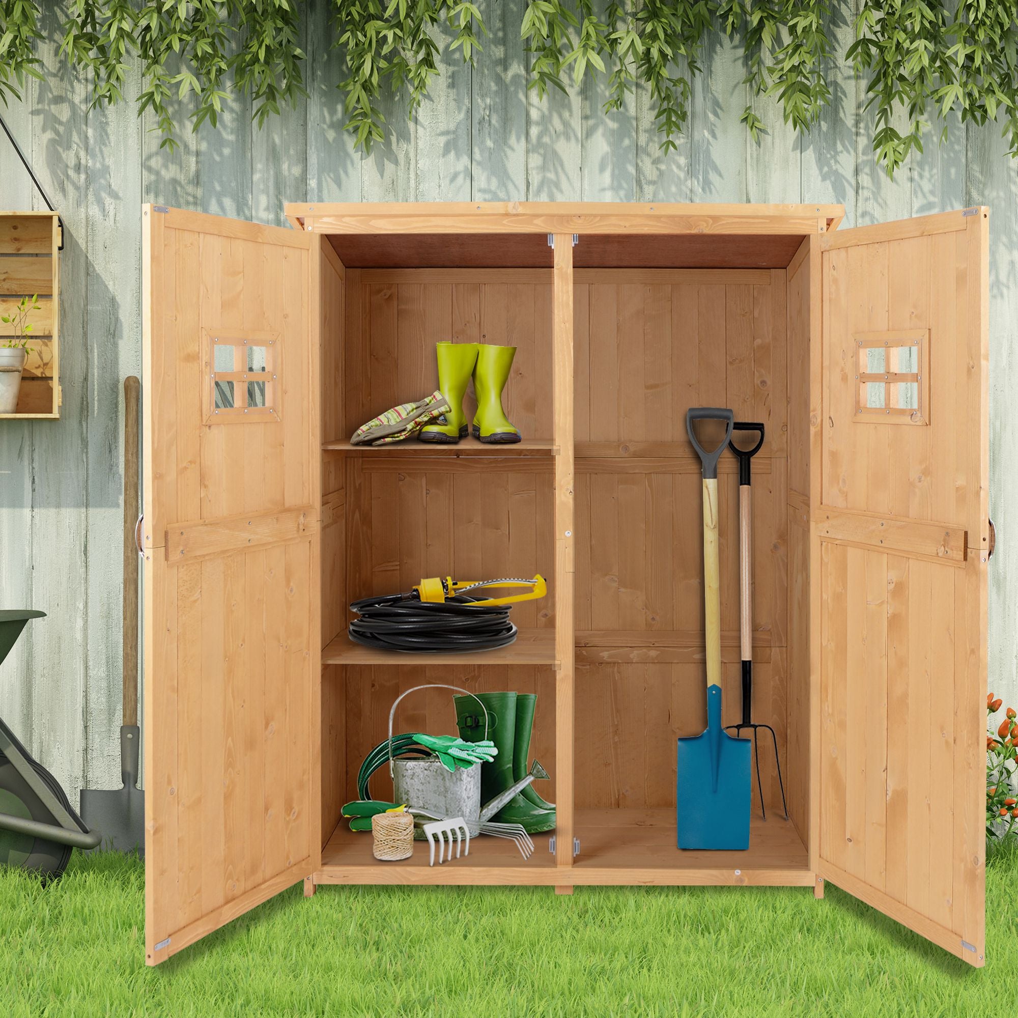 Wooden Garden Storage Shed Tool Cabinet Organiser with Shelves, Two Windows, 127.5 x 50 x 164 cm, Natural