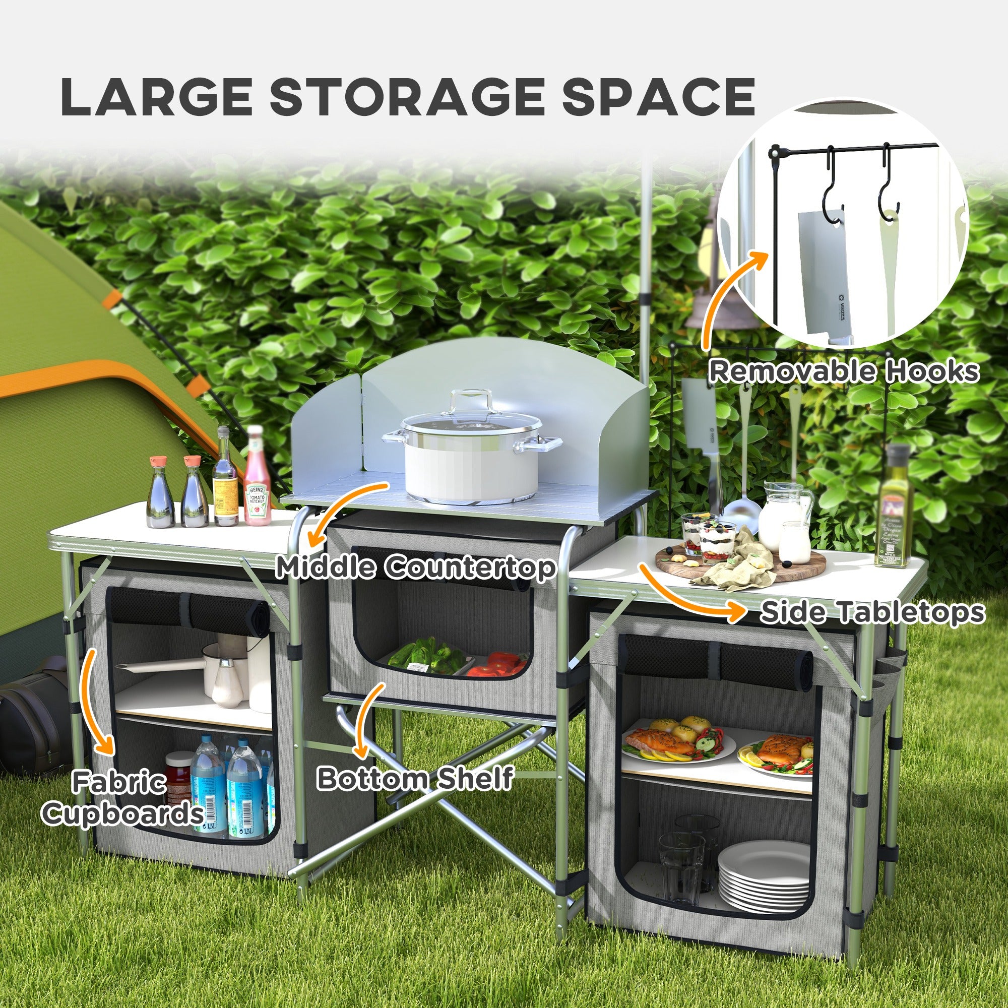 Portable Folding Camping Kitchen Table with Cupboards and Windshield Grey