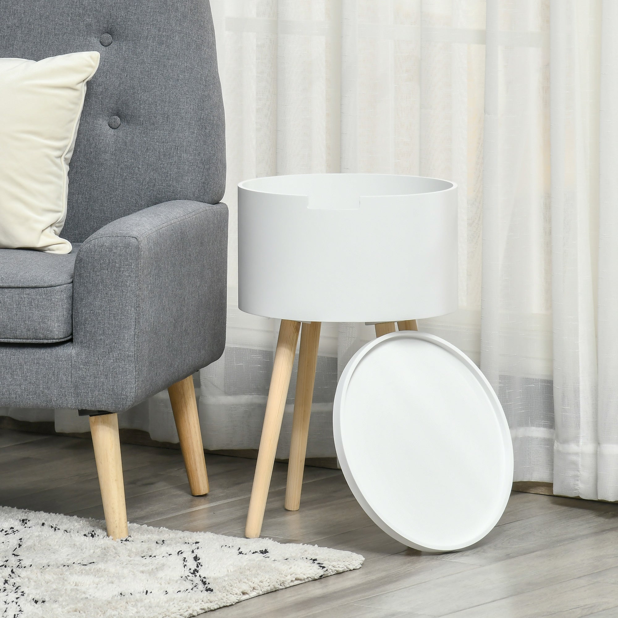 Modern Side Table with Hidden Storage Space, Round Night Stand with Removable Tray Wood Frame End Coffee Table, White