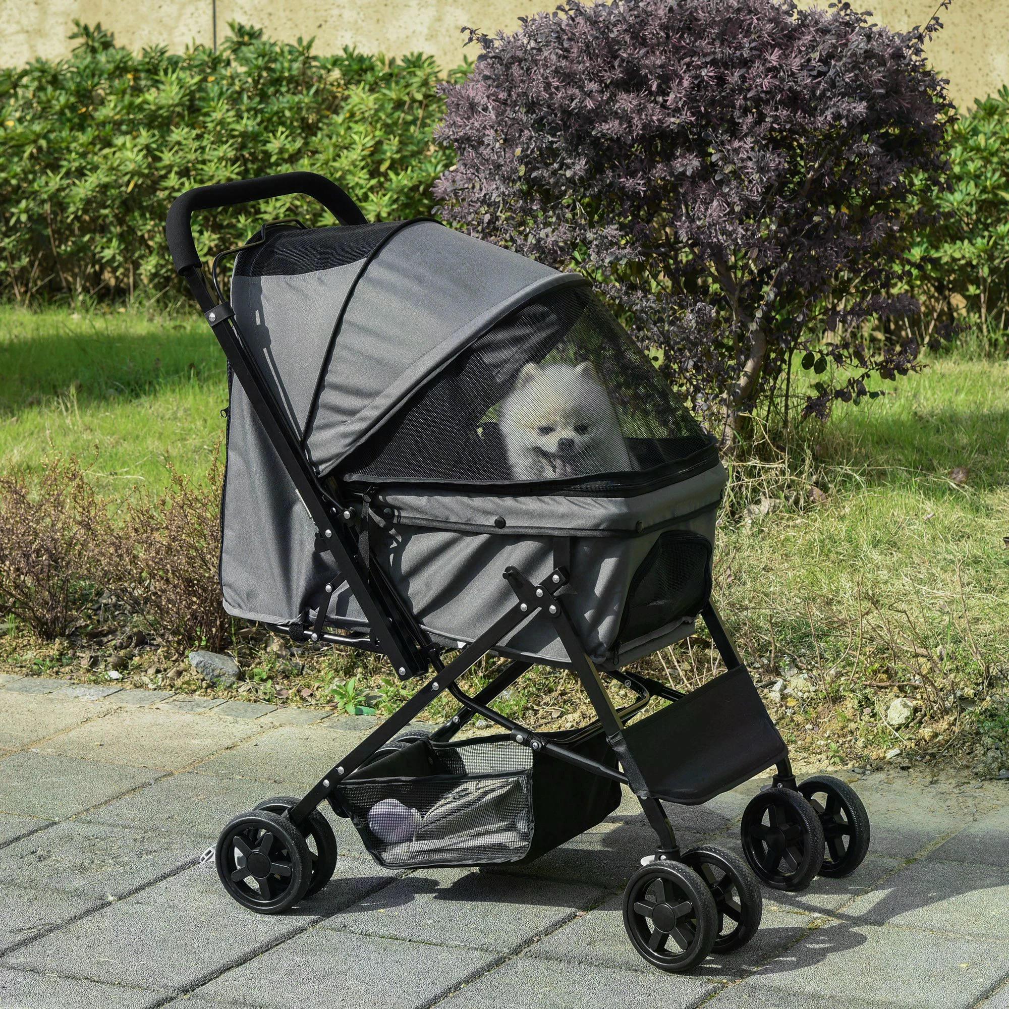 Pet Stroller Dog Pushchair Foldable Jogger with Reversible Handle EVA Wheel Brake Basket Adjustable Canopy Safety Leash Grey