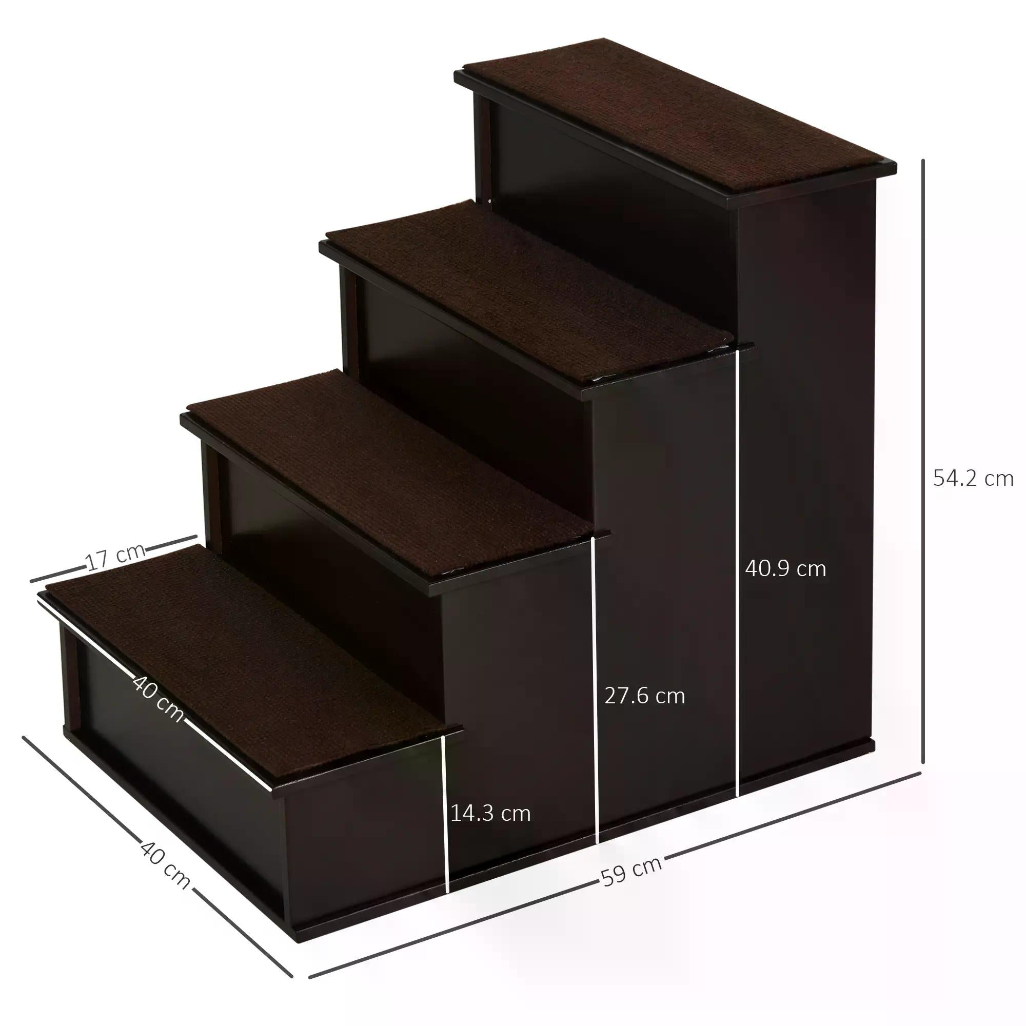 4 Step Cushioned Pet Stairs Ramp Steps for Dogs, Cat Ladder for Bed Couch with Non-Slip Carpet, 40 x 59 x 54.2 cm, Dark Coffee