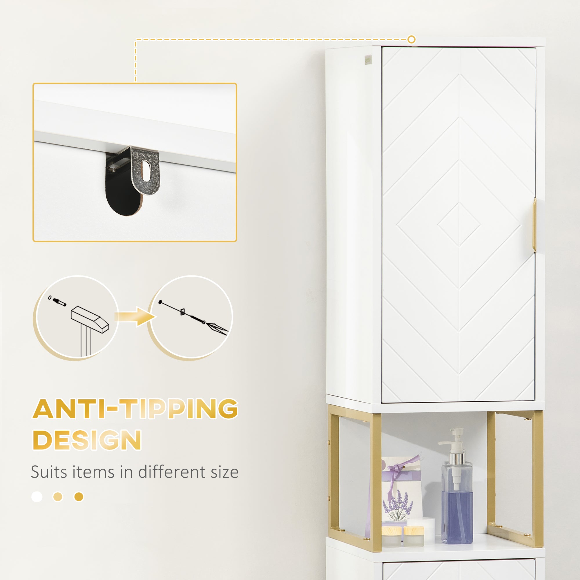 Narrow Bathroom Storage Cabinet with Adjustable Shelf and Gold Accents - White