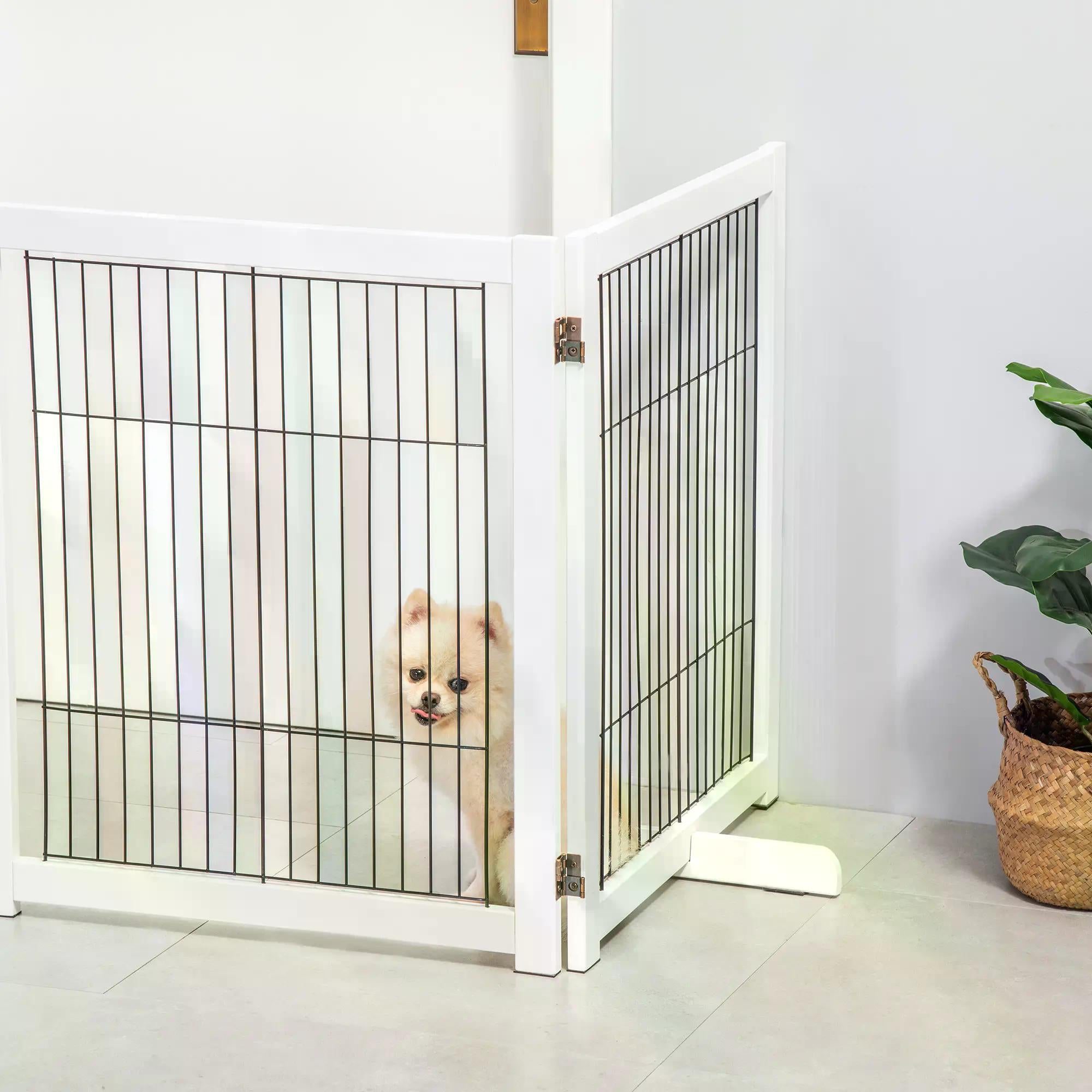 Dog Gate Wooden Foldable Small & Medium-Sized Pet Gate 4 Panel with Support Feet Pet Fence Safety Barrier for House Doorway Stairs White