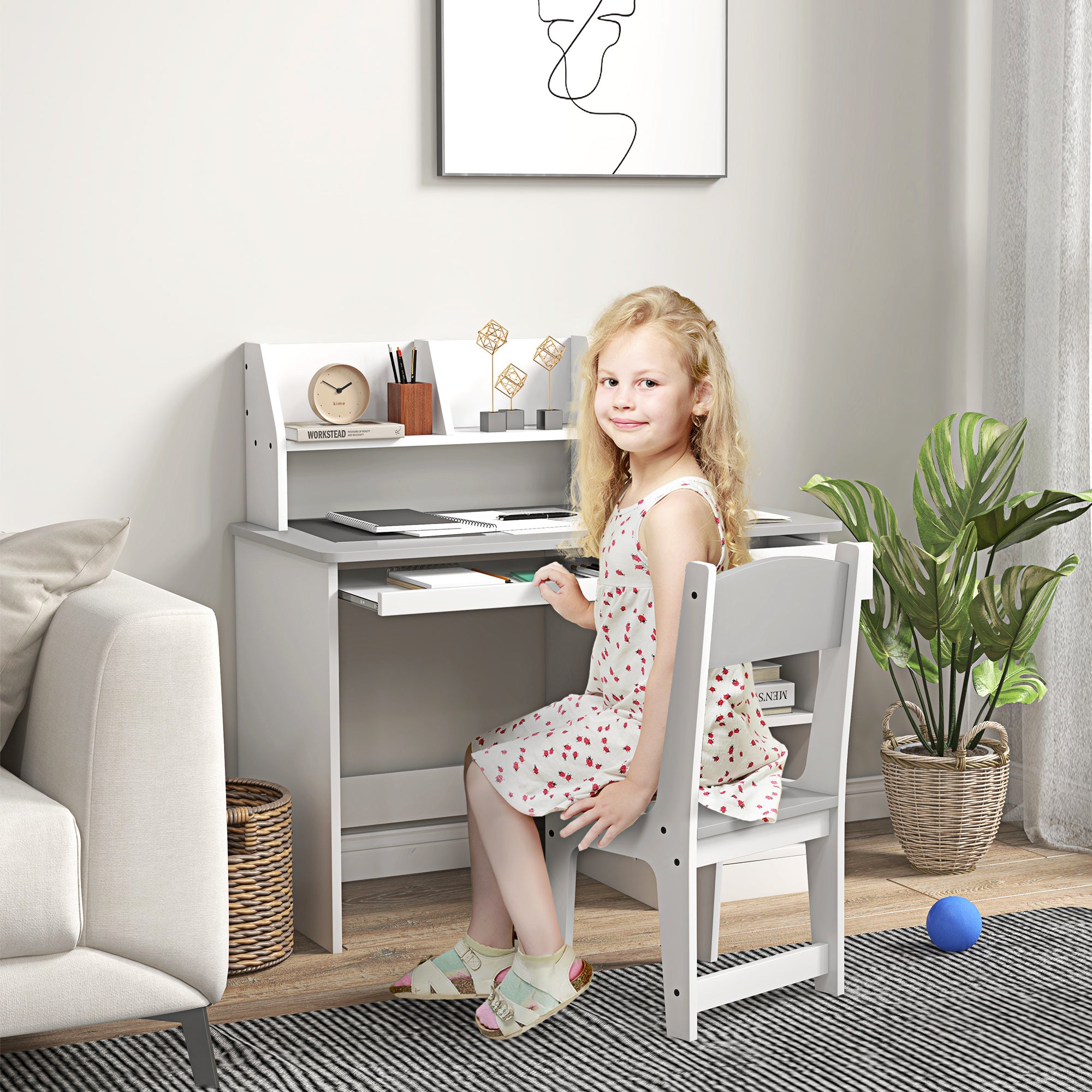 Kids Desk and Chair Set with Storage for 5-8 Year Old, 2 Pieces Childrens Table and Chair Set, Grey