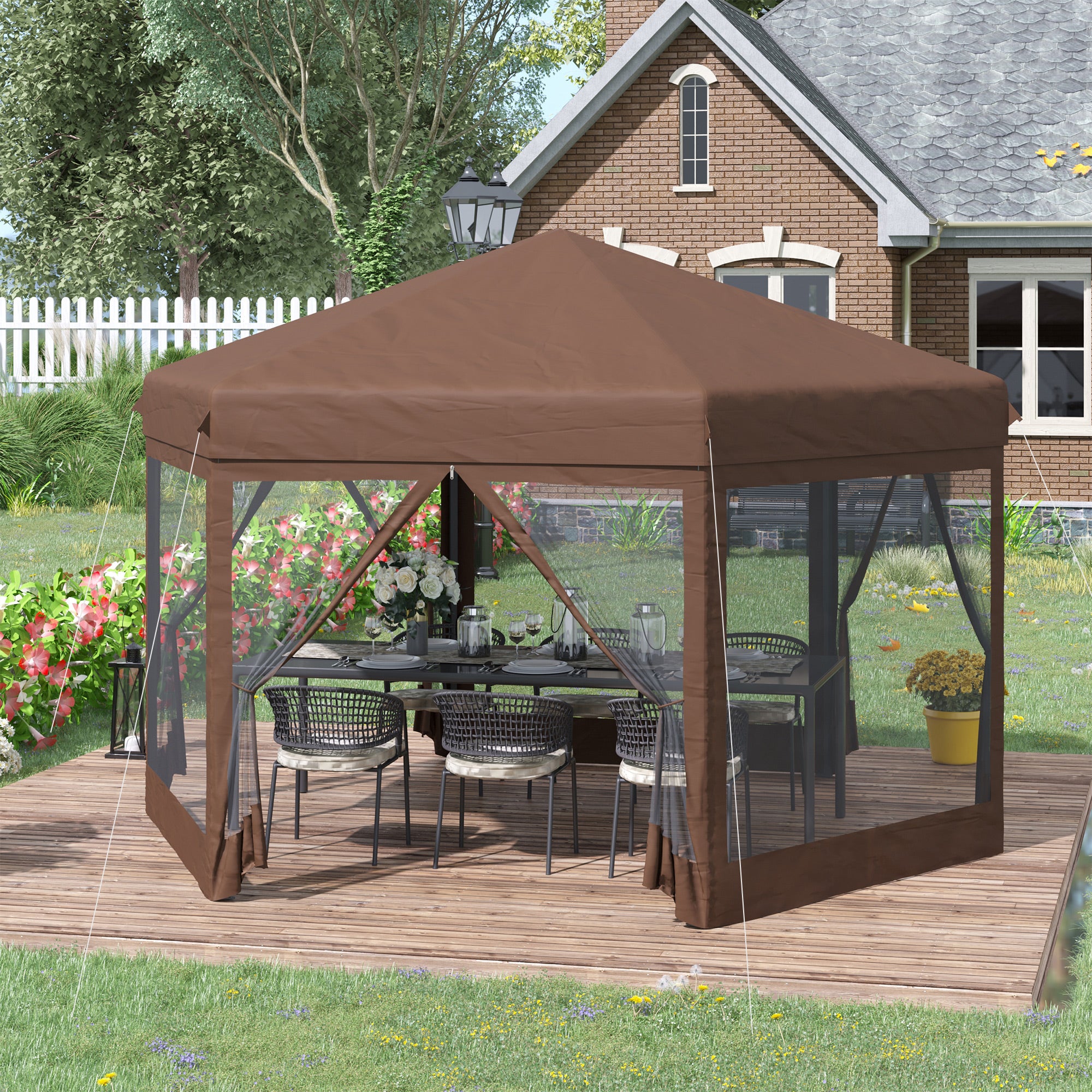 3x3.5m Hexagonal Pop Up Gazebo Party Canopy Height Adjustable Tent Sun Shelter w/ Mosquito Netting Zipped Door, Brown