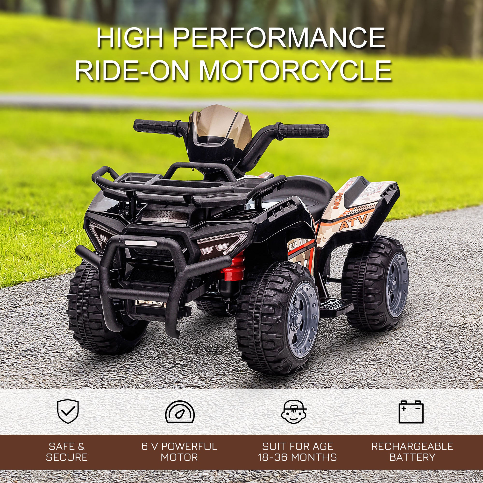 Kids Ride-on Four Wheeler ATV Car with Real Working Headlights, 6V Battery Powered Motorcycle for 18-36 Months, Black