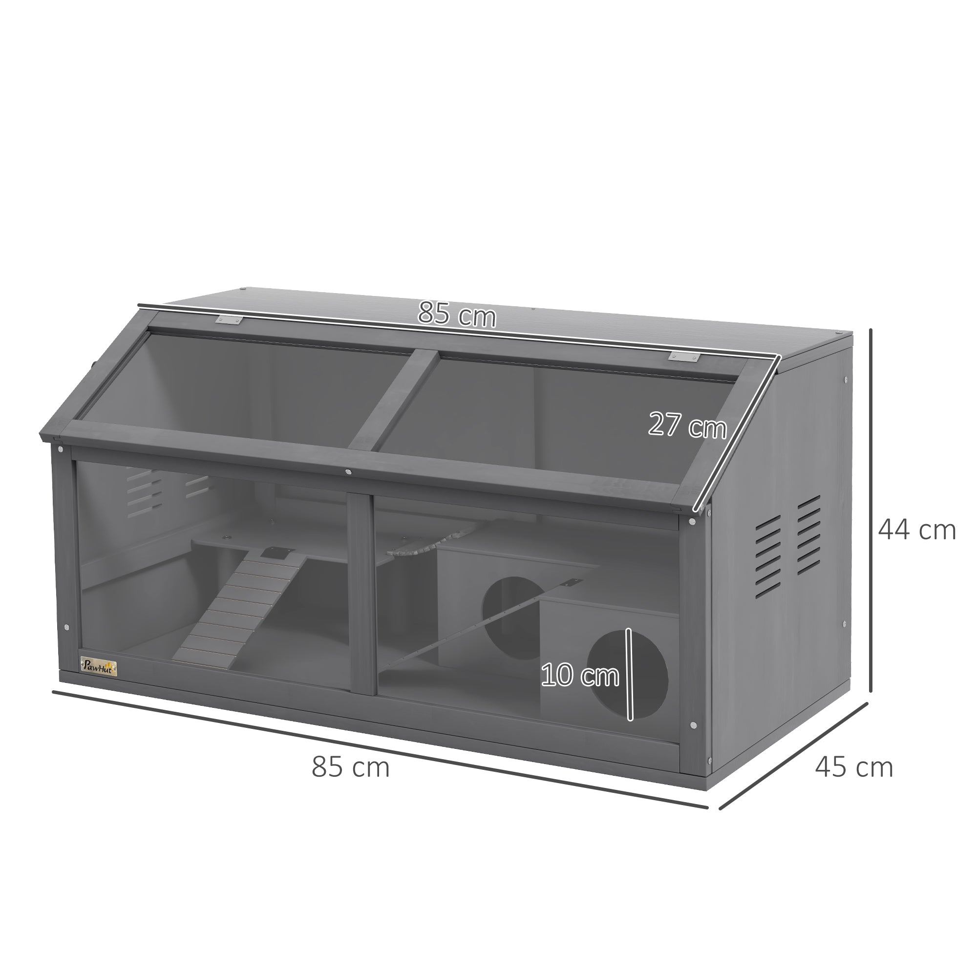 Wooden Hamster Cage with Suspension Bridge, Hut & Openable Top for Small Animals 85x45x44cm - Grey