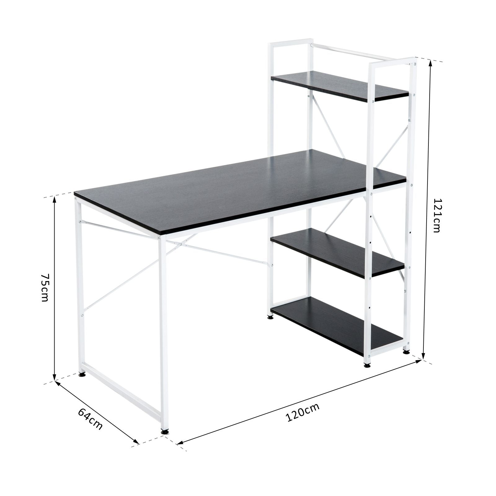 Computer Desk PC Table Study Workstation Home Office with 4-tier Bookshelf Storage Metal Frame Wooden Top (Black & White)