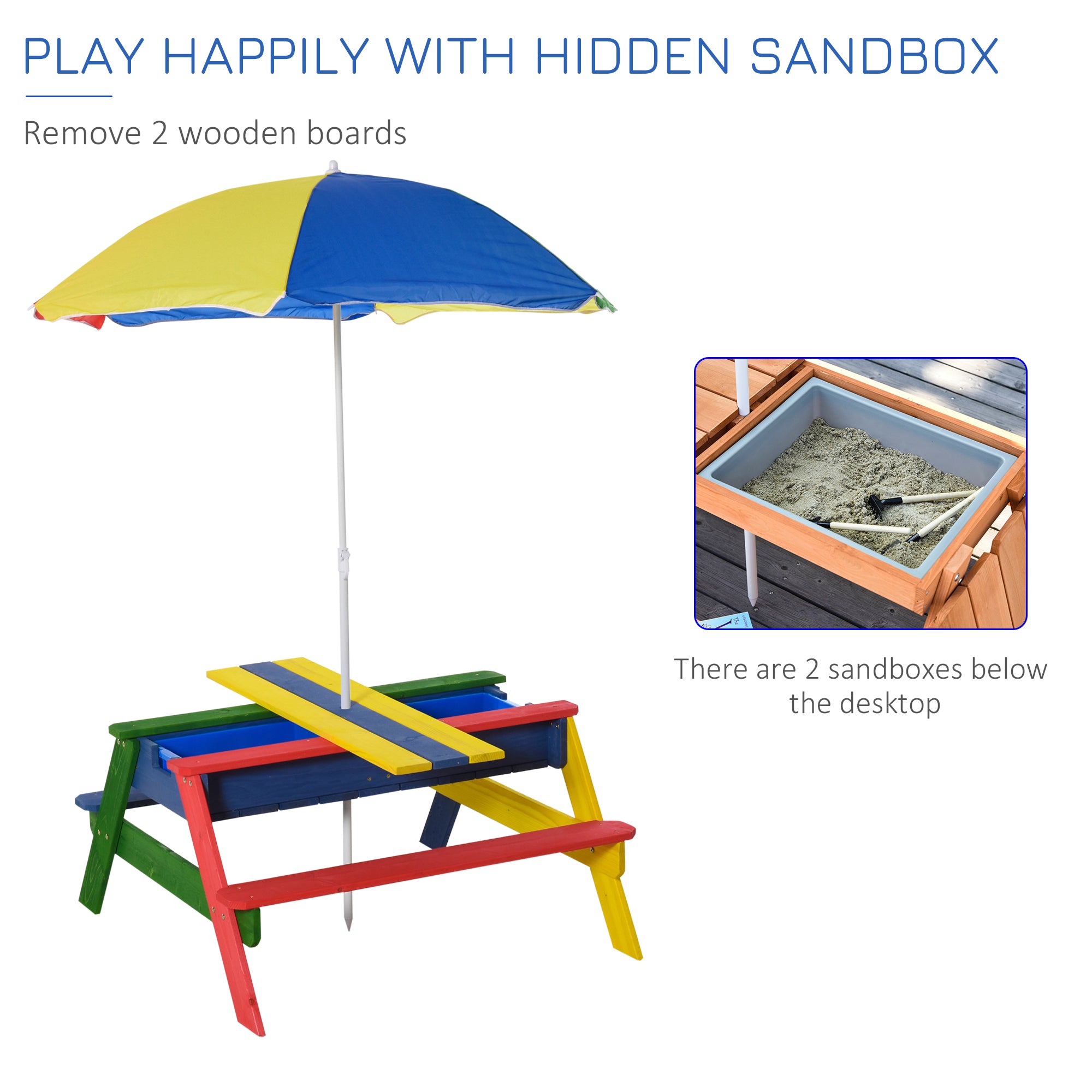 Kids Picnic Table Set Wooden Bench Rainbow with Sandbox Removable & Height Adjustable Parasol Outdoor Garden Patio Backyard Beach