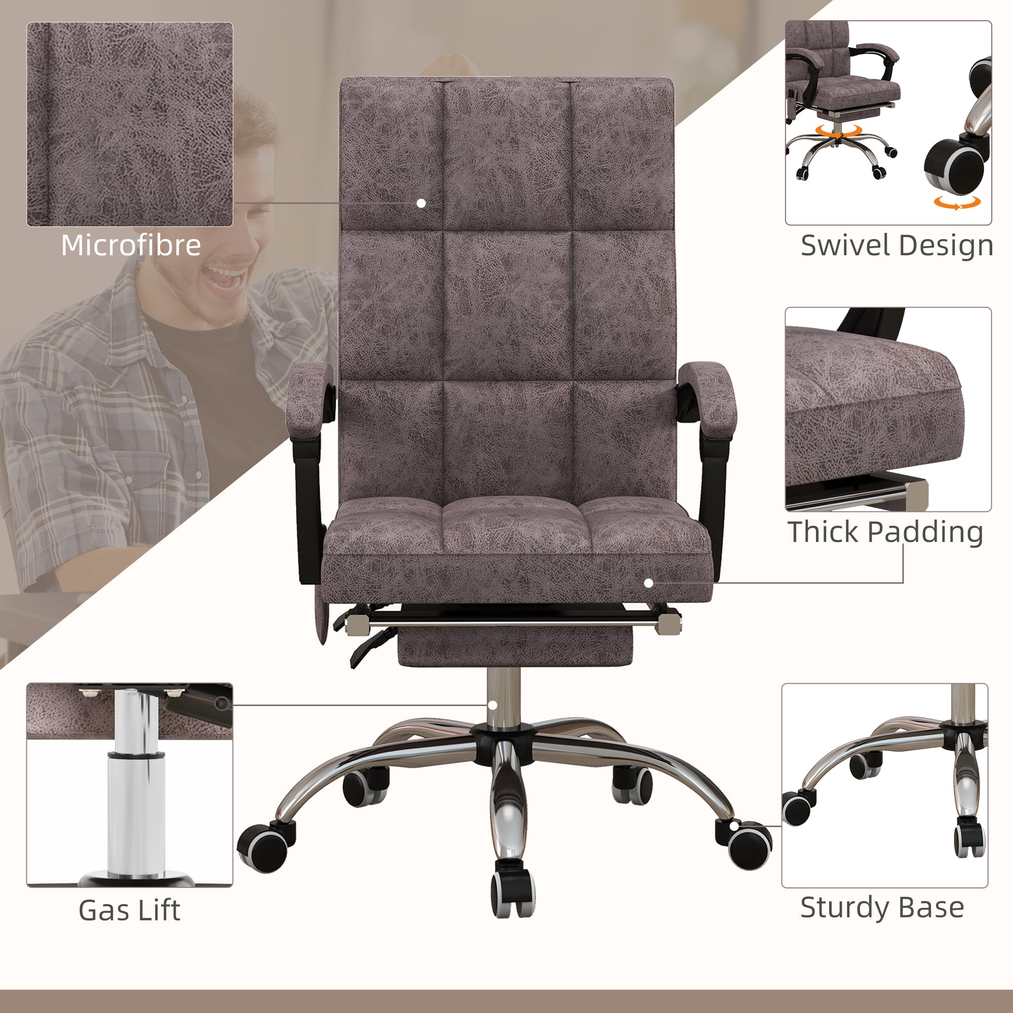 Executive Vibration Massage Office Chair, Microfibre Computer Chair with Armrest, 135° Reclining Back, Charcoal Grey