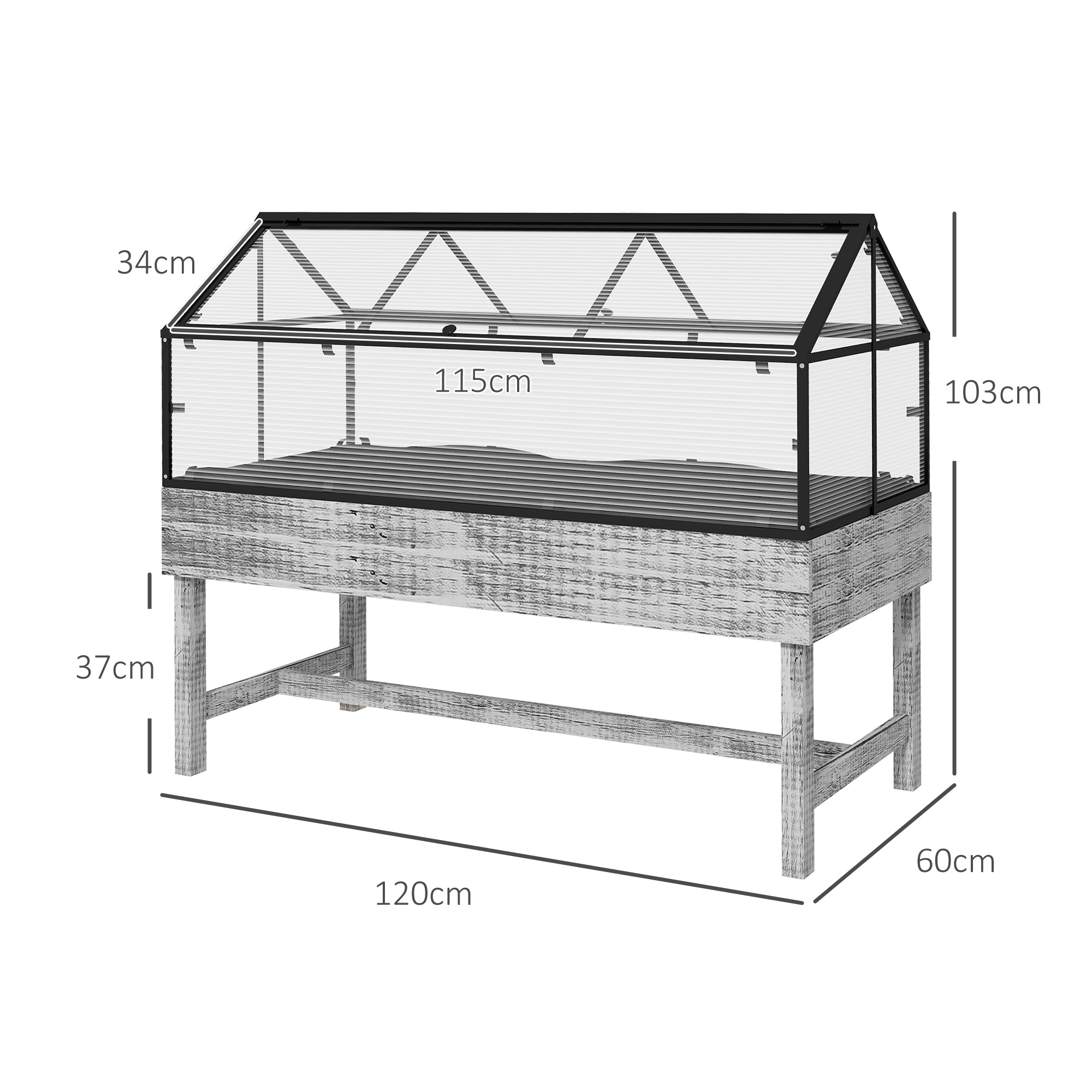 Elevated Wood Planter with Mini Greenhouse Raised Garden Bed with PC Panel Top Vent 120 x 60 x 103cm Distressed Grey