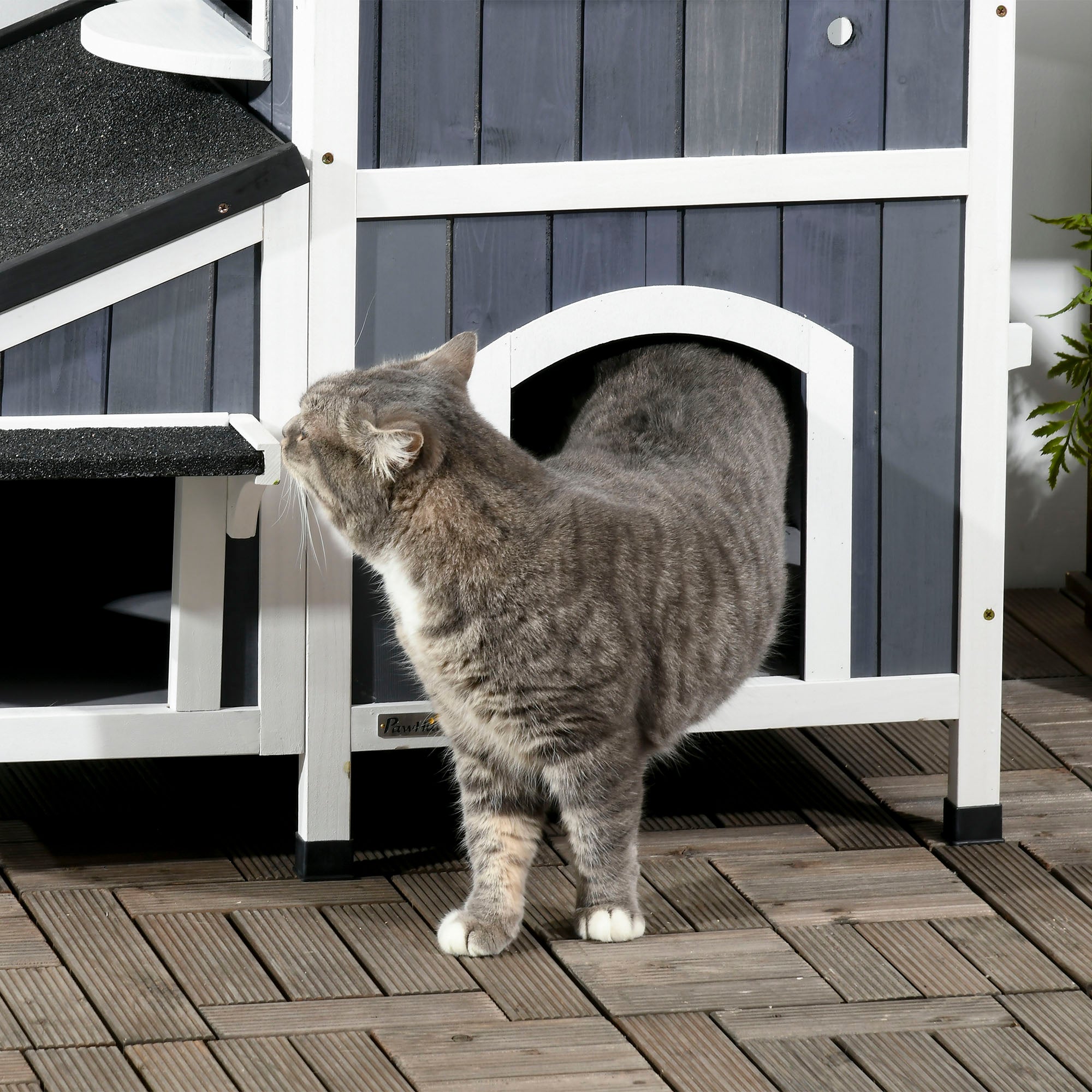 Wooden Cat House Outdoor with Flower Pot, 2 Tiers Cat Shelter with Window, Multiple Entrances, Water-resistant Roof, Grey