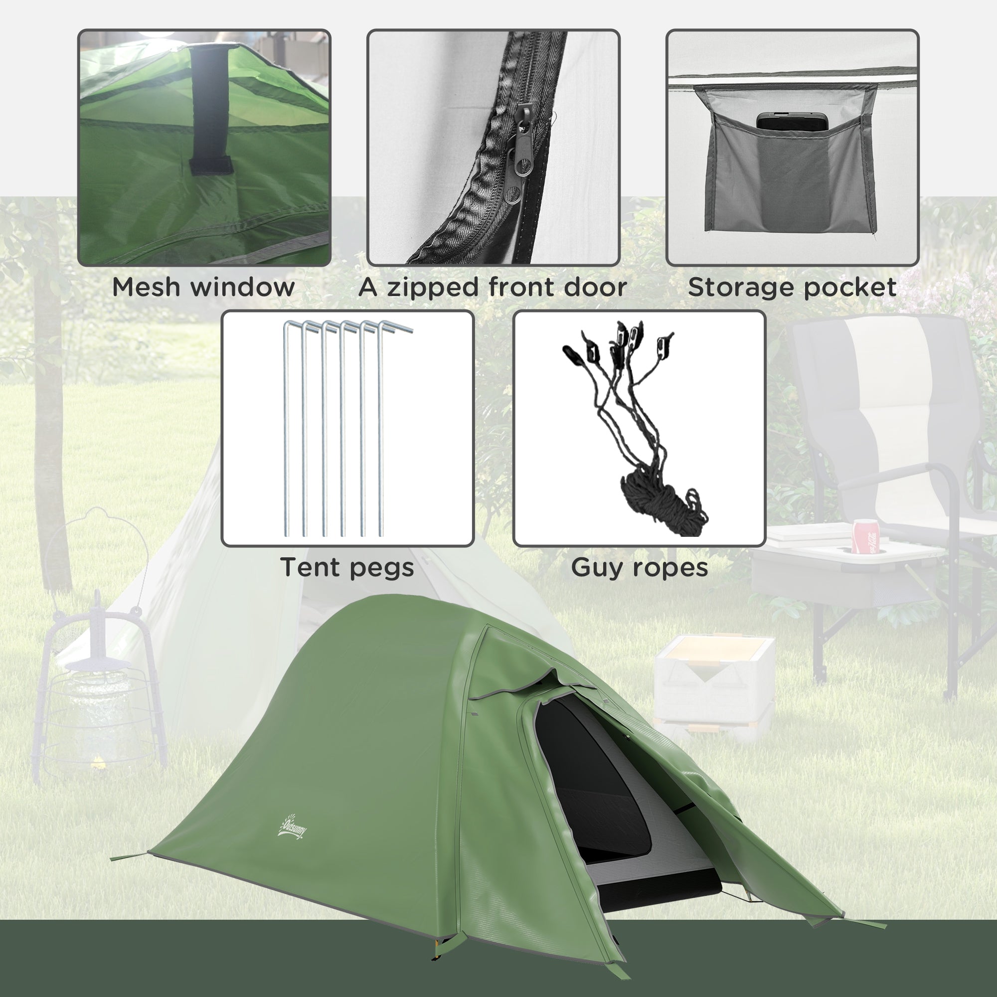 Double Layer Camping Tent, 1-2 Man Backpacking Tent with Carry Bag, 2000mm Waterproof and Lightweight, Green