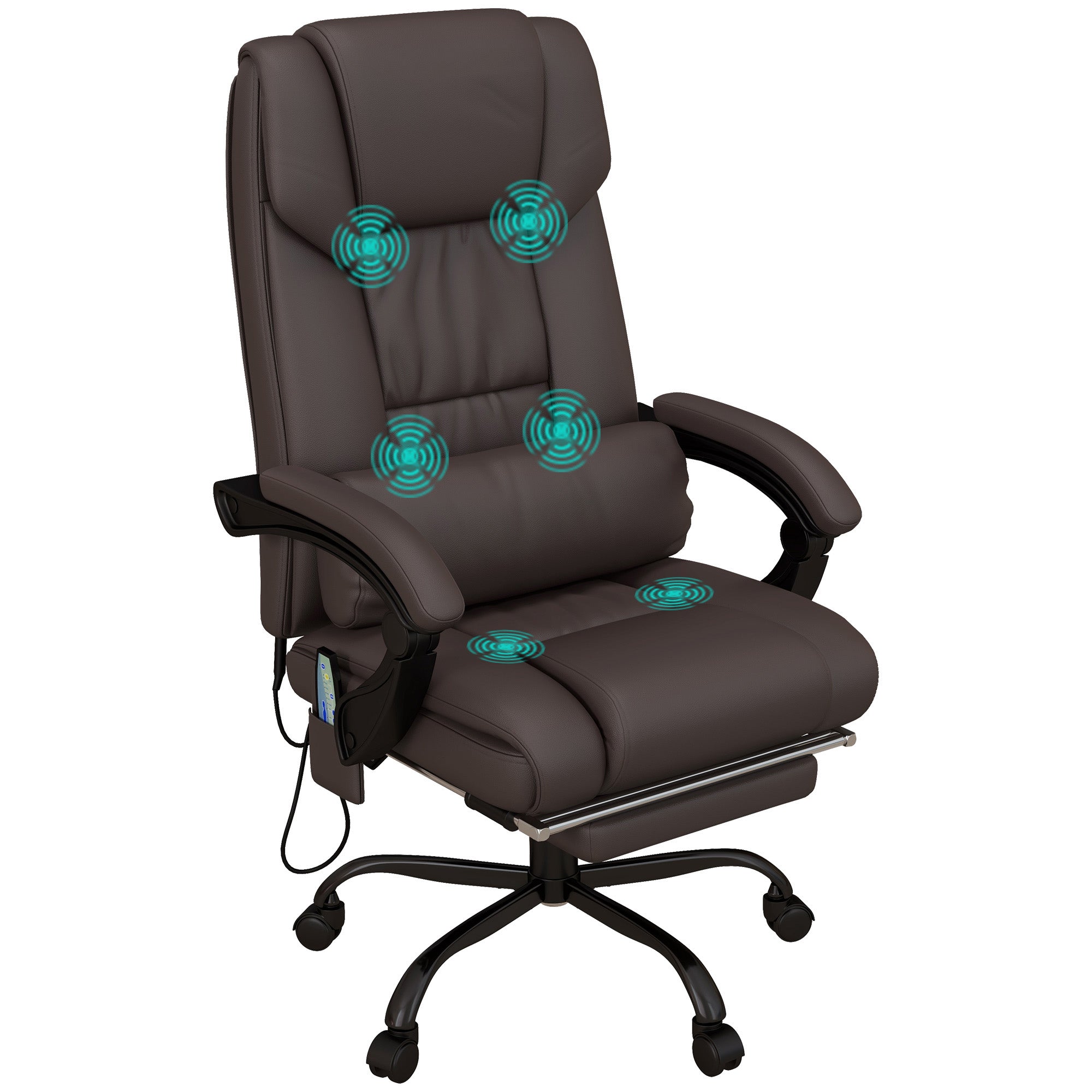 6-Point PU Leather Massage Office Chair with Swivel Wheels, Reclining Chair Office with Footrest, Remote, Brown