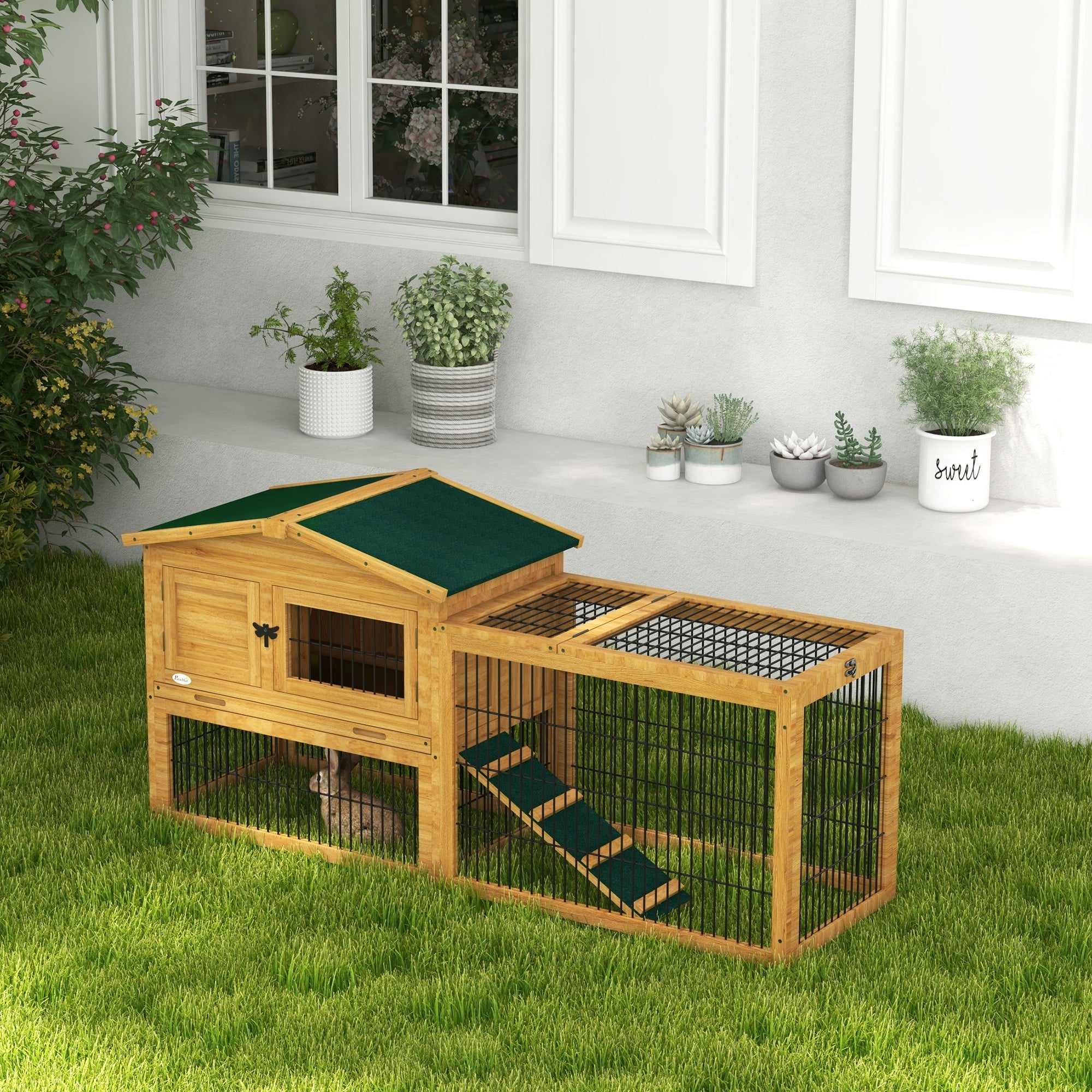 Wooden Rabbit Hutch with Outdoor Run Yellow