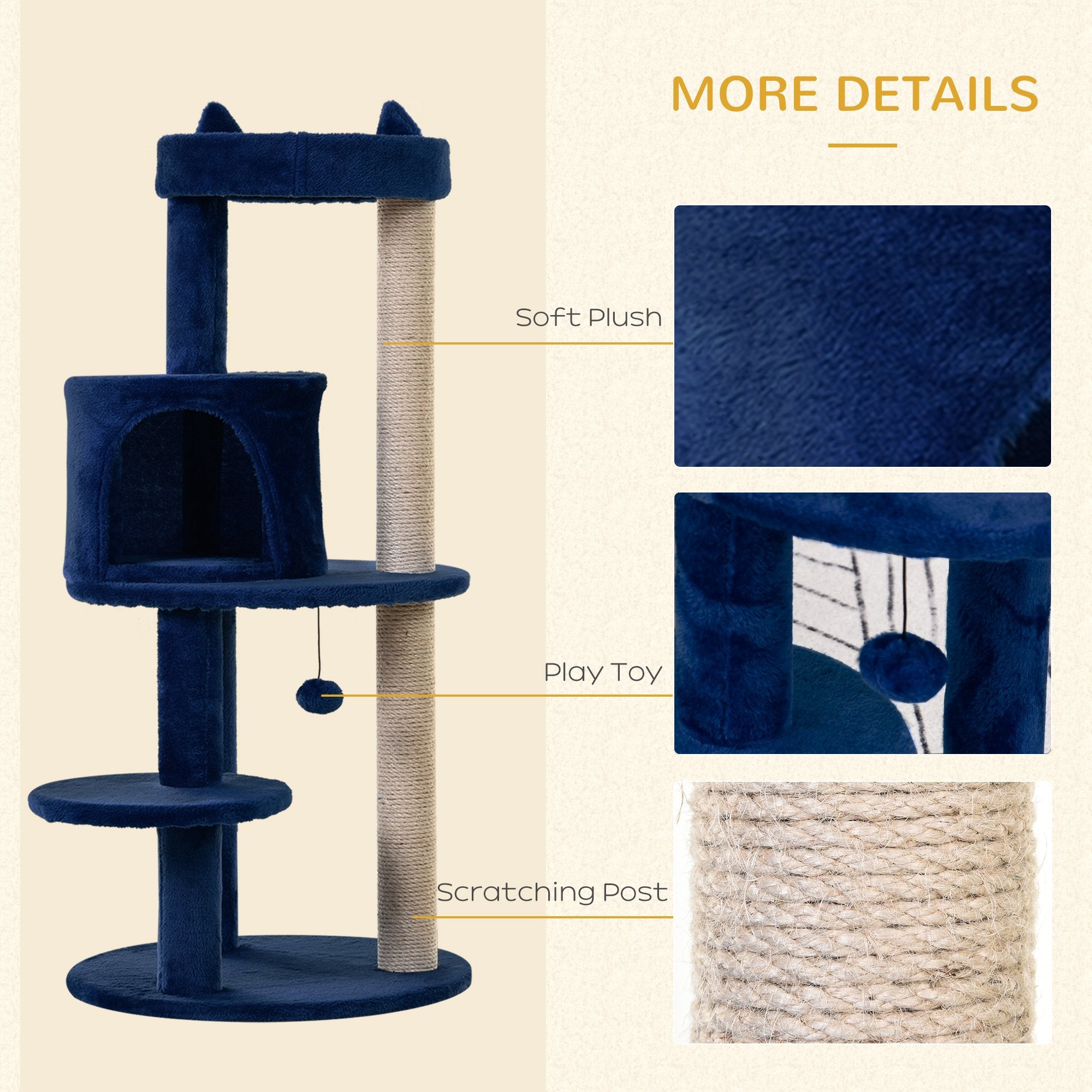 Cats 3-Tier Sisal Rope Scratching Post w/ Dangle Toy Blue