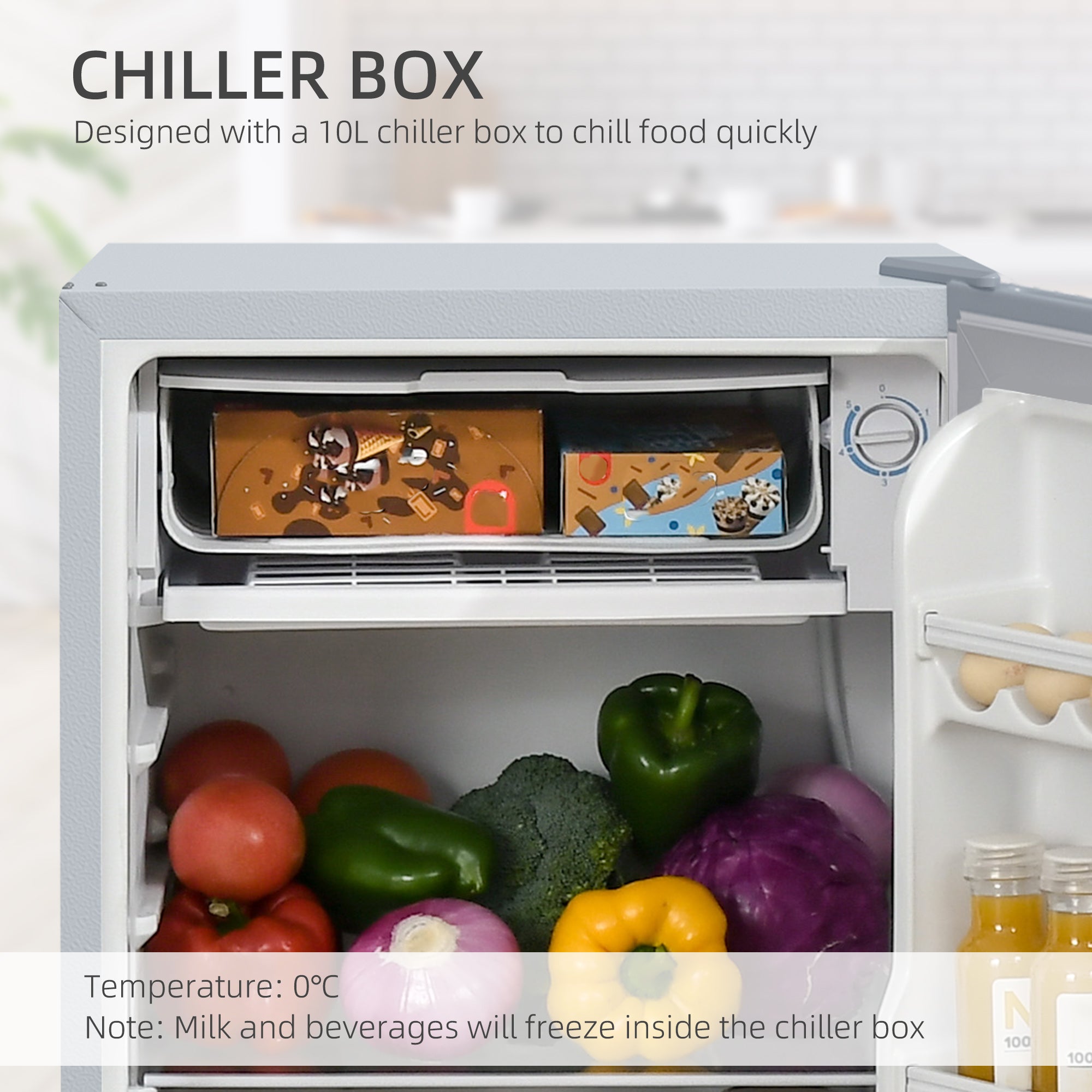 91 Litre Freestanding Under Counter Fridge Freezer with Chiller Box, Reversible Door, Adjustable Thermostat, 47.5cm Wide, Noise Level: Decibels 40, Grey