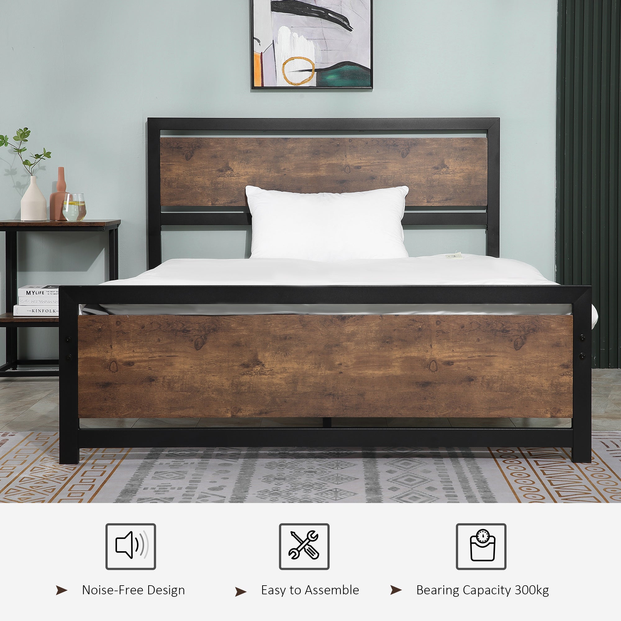 Industrial Style Double Metal Bed Frame with Headboard & Footboard