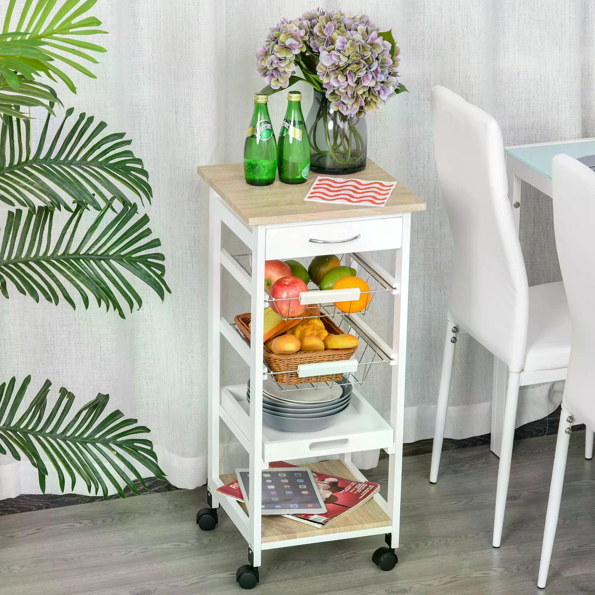 Mobile Rolling Kitchen Island Trolley for Living room, Serving Cart with Drawer & Basket, White