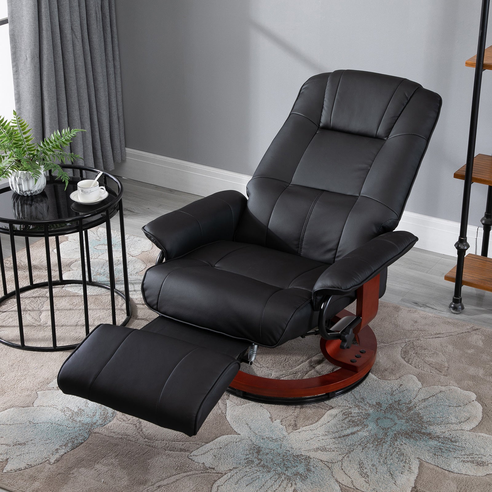 Manual Recliner Chair Armchair Sofa with Faux Leather Upholstered Wooden Base for Living Room Bedroom, Black