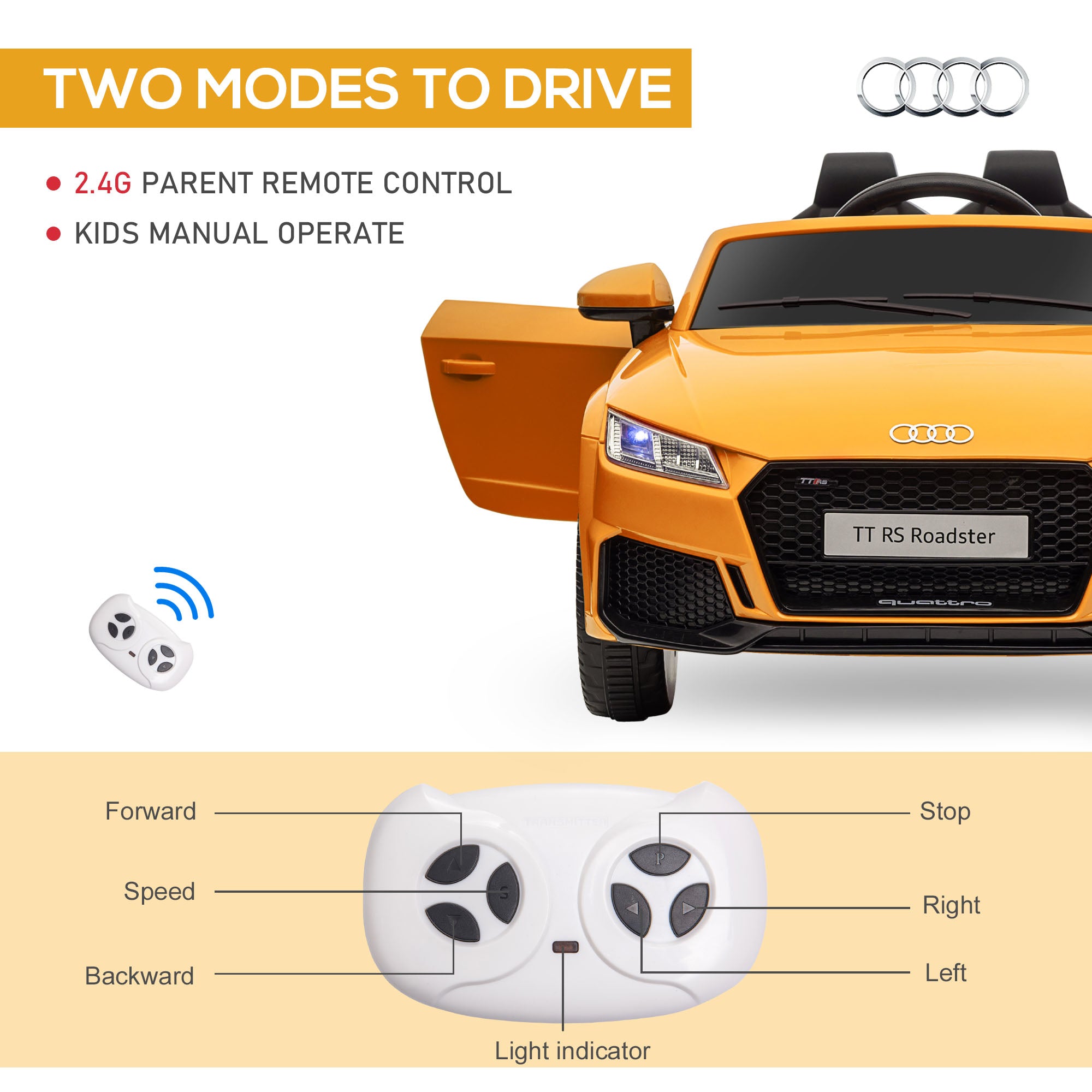 Kids Licensed Audi TT RS Ride-On Car 12V Battery w/ Remote Suspension Headlights and MP3 Player 3km/h Yellow