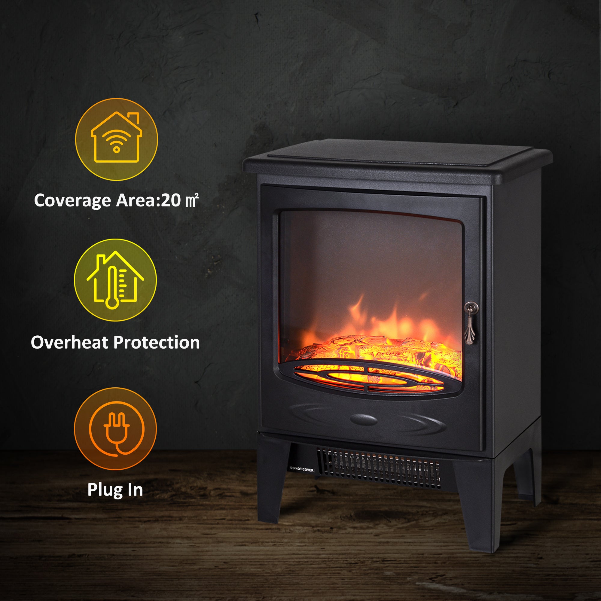 Electric Heater Freestanding Fireplace Artificial Flame Effect w/ Safety Thermostat 950w/1850W Tempered Glass Casing