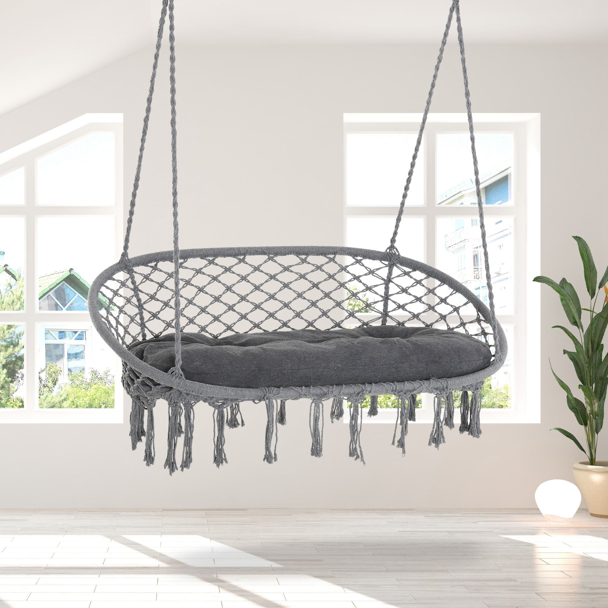 Hanging Hammock Chair Cotton Rope Porch Swing with Metal Frame and Cushion, Large Macrame Seat for Garden, Bedroom, Living Room, Dark Grey