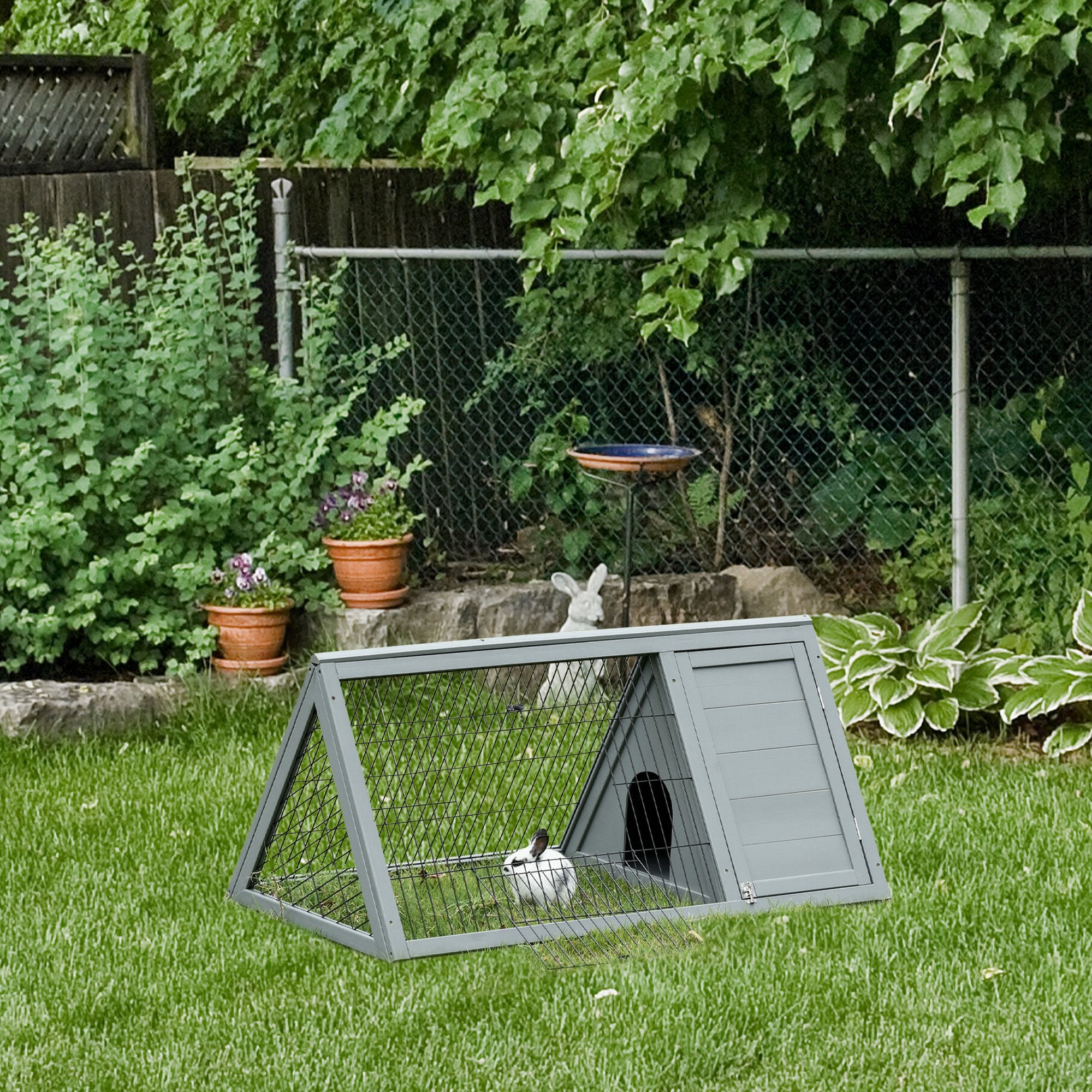 Wooden Rabbit Cage Small Animal Hutch w/ Outside Area - Grey