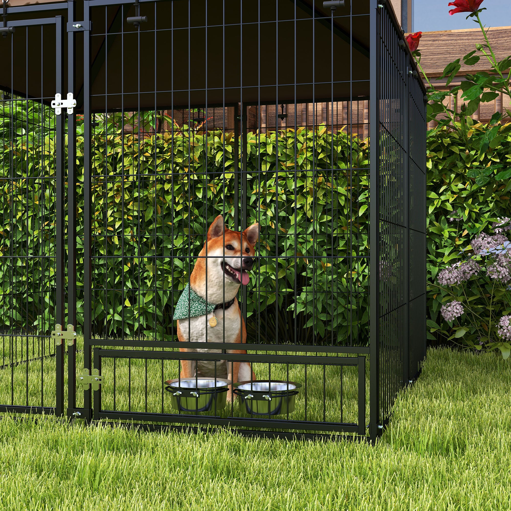 Outdoor Dog House Kennel with Water-resistant Roof Lockable Mesh Metal Cage Steel Fence, 141 x 141 x 121 cm