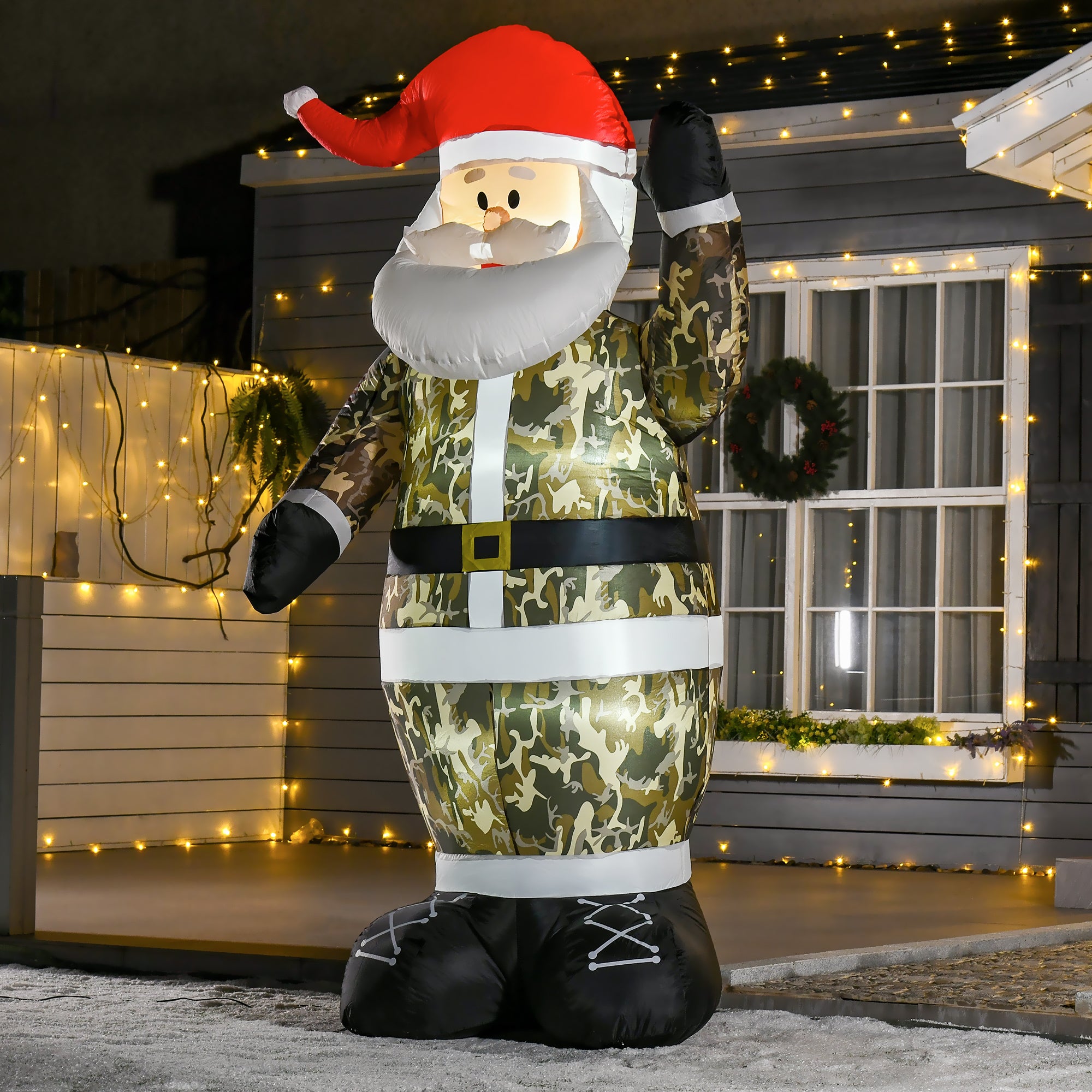 8ft Christmas Inflatable Outdoor Santa Claus Saluting in Camouflage, Blow Up Yard Decoration Built-in LED Lights for Holiday Party Xmas Garden