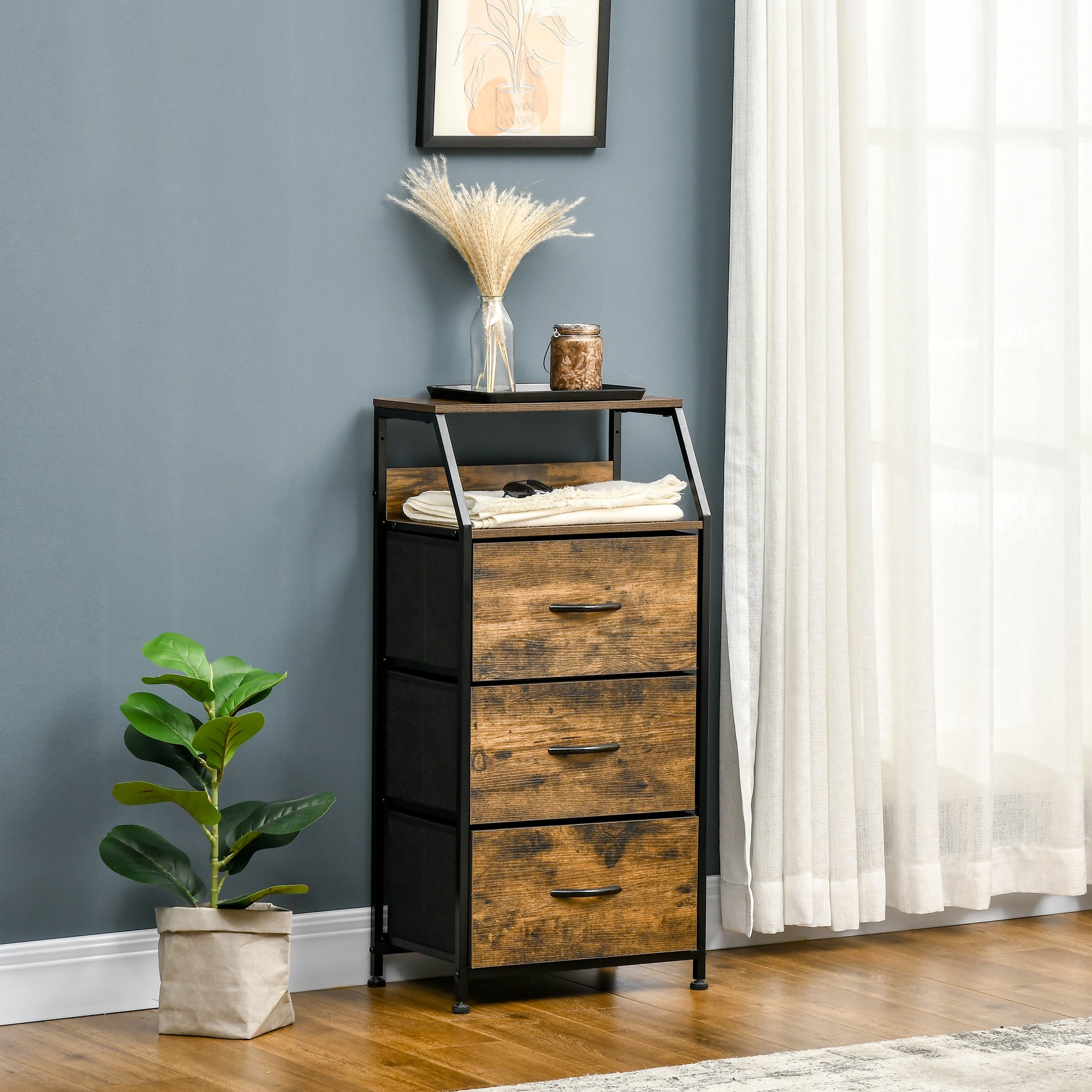 Industrial Storage Cabinet, Fabric Chest of Drawers with Display Shelves, 3 Drawers Storage Unit for Living Room, Rustic Brown