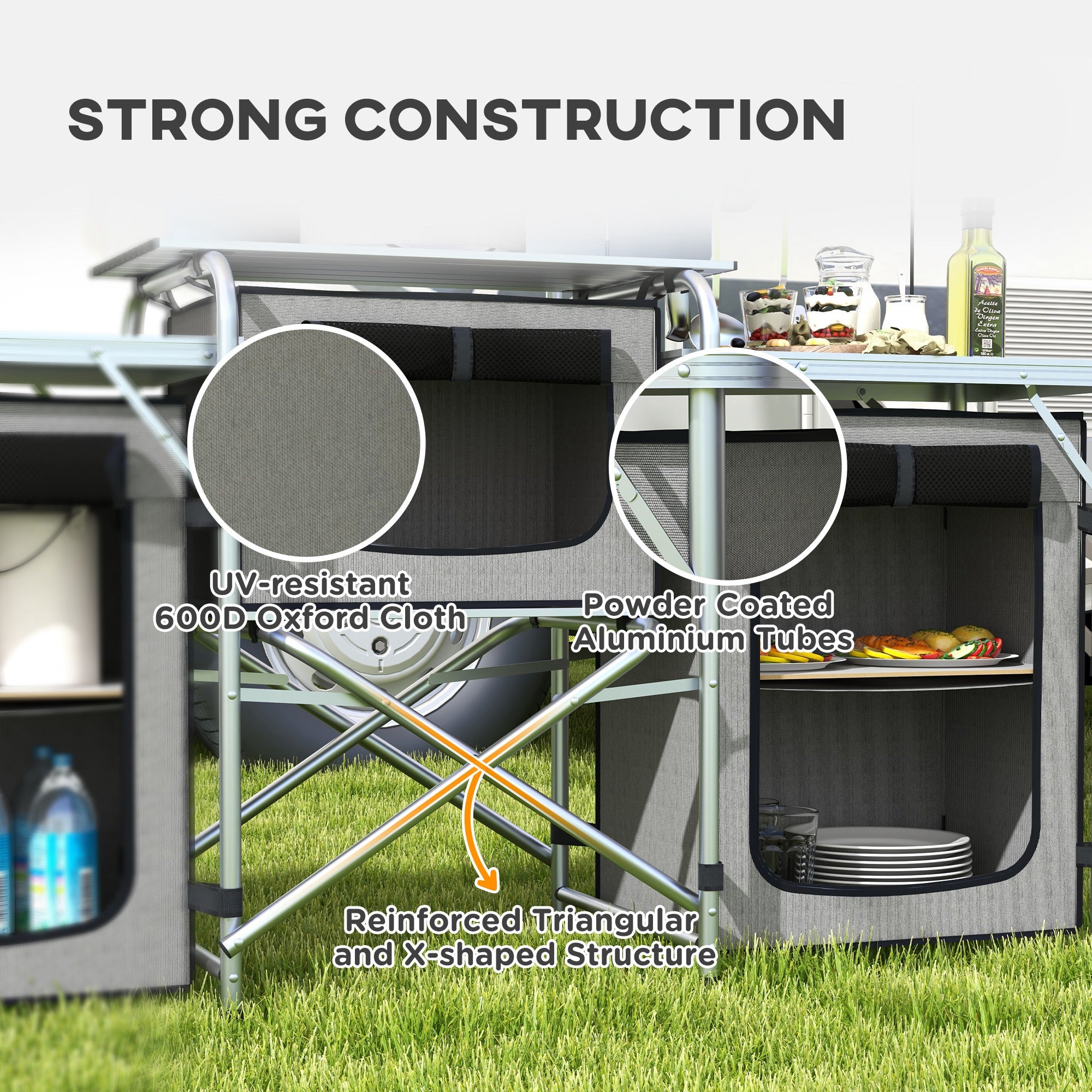 Portable Folding Camping Kitchen Table with Cupboards and Windshield Grey