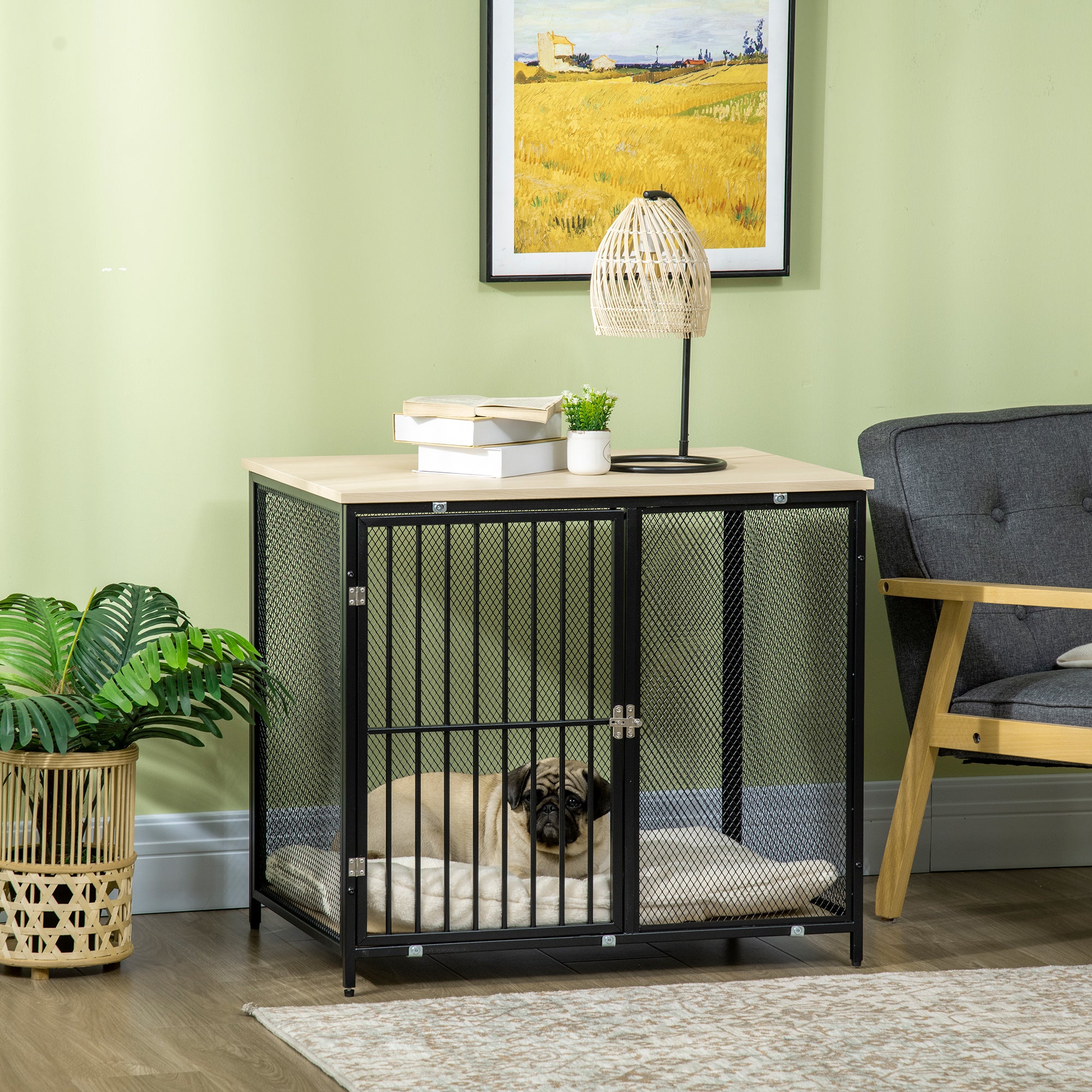 Dog Crate Furniture Side End Table with Soft Washable Cushion, Indoor Dog Kennel with Wire Mesh Wall, Wooden Top, for Medium Small Dogs