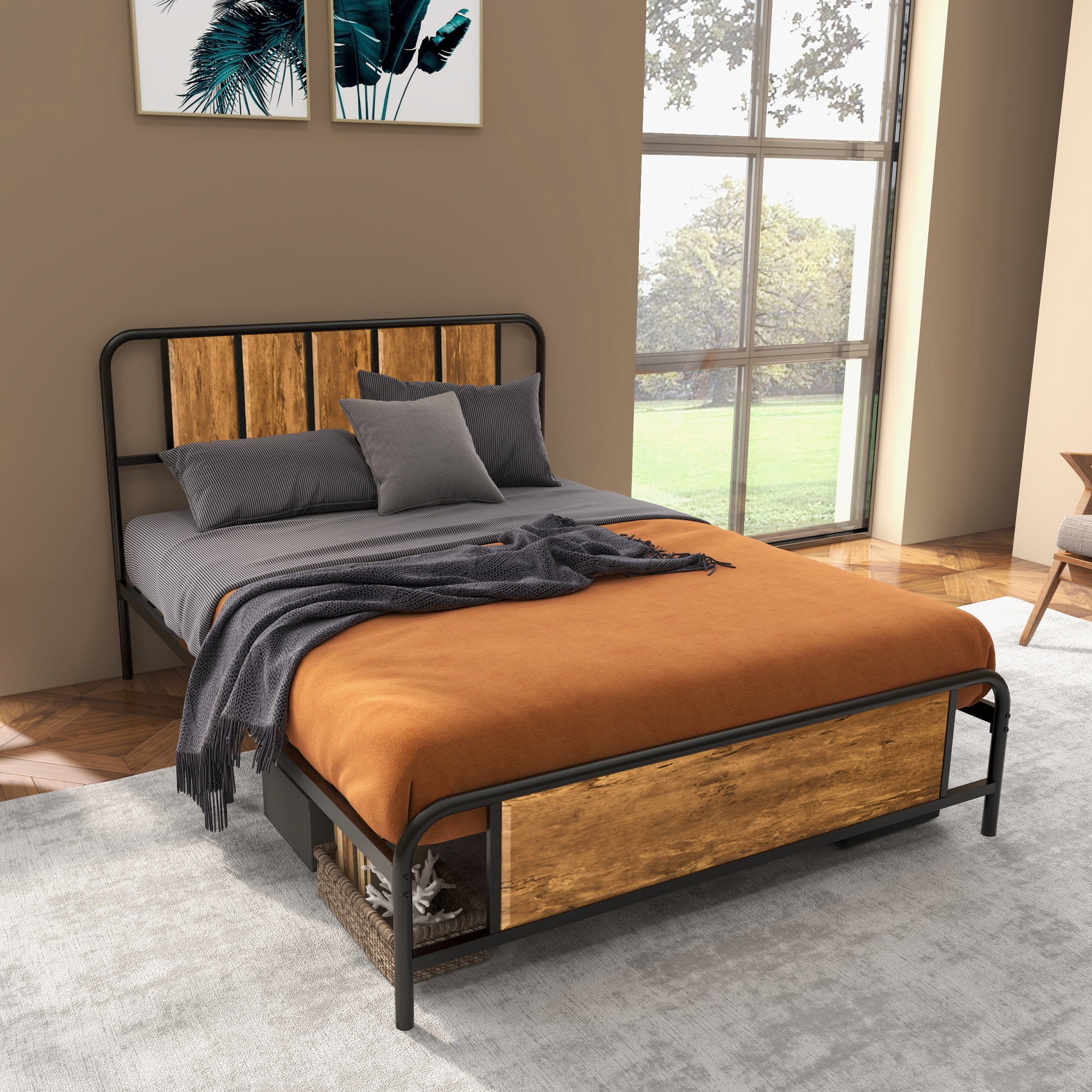 Industrial Style Double Bed Frame with Curved Headboard & Footboard