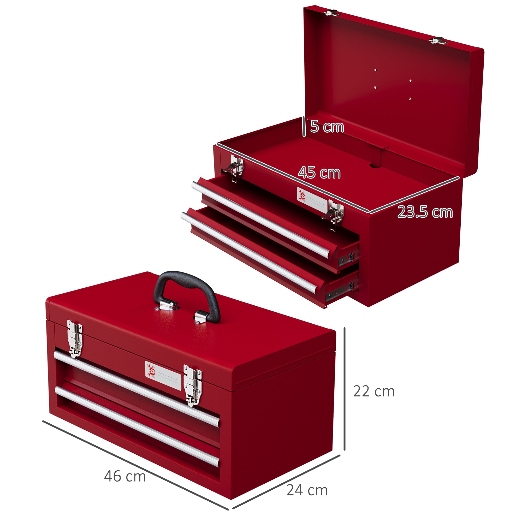 Lockable Metal Tool Box, 2 Drawer Tool Chest with Latches, Handle, Ball Bearing Runners, Red