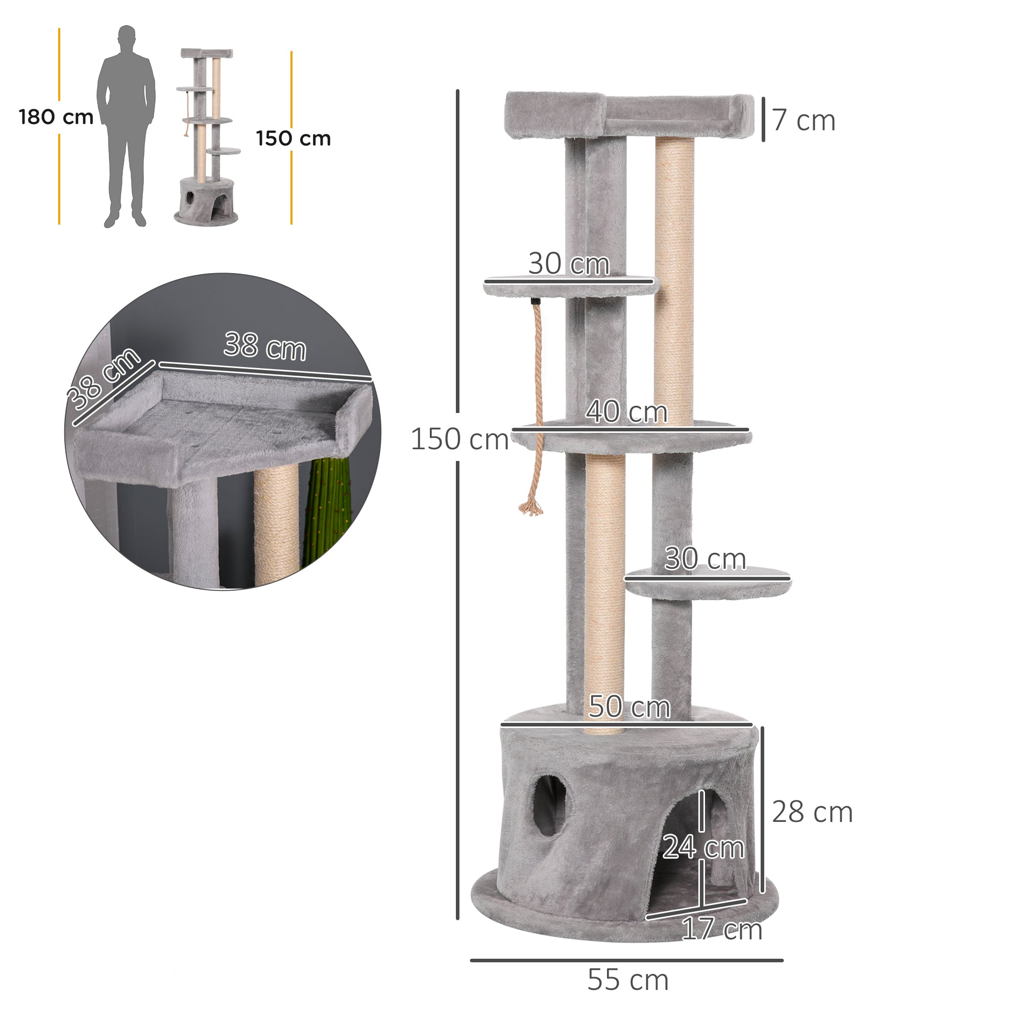 Cat Tree Kitten Tower Multi-level Activity Centre Pet Furniture with Scratching Post Condo Hanging Ropes Plush Perches Grey