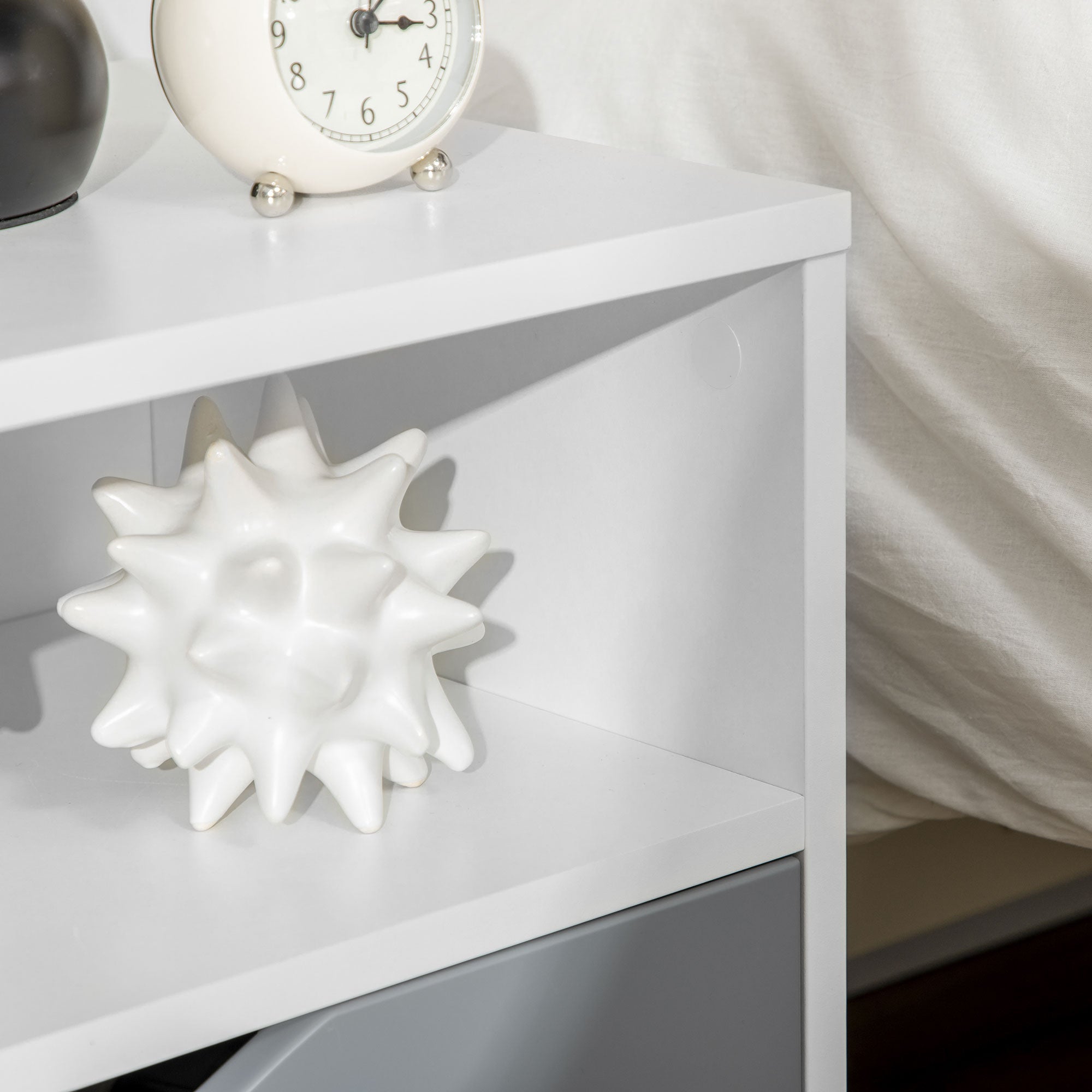 Modern Bedside Table, Side End Table with Shelf, Drawer and Wood Legs, 36.8cmx33cmx43.8cm, White and Grey