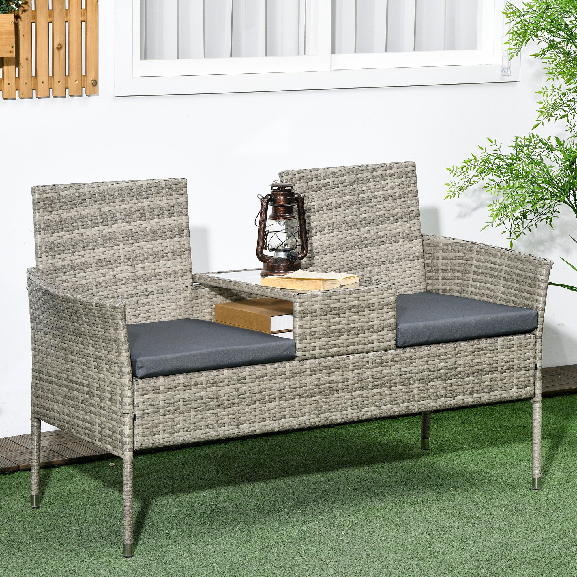 2 Piece Rattan Loveseat Set with Glass Table and Cushions - Mixed Grey