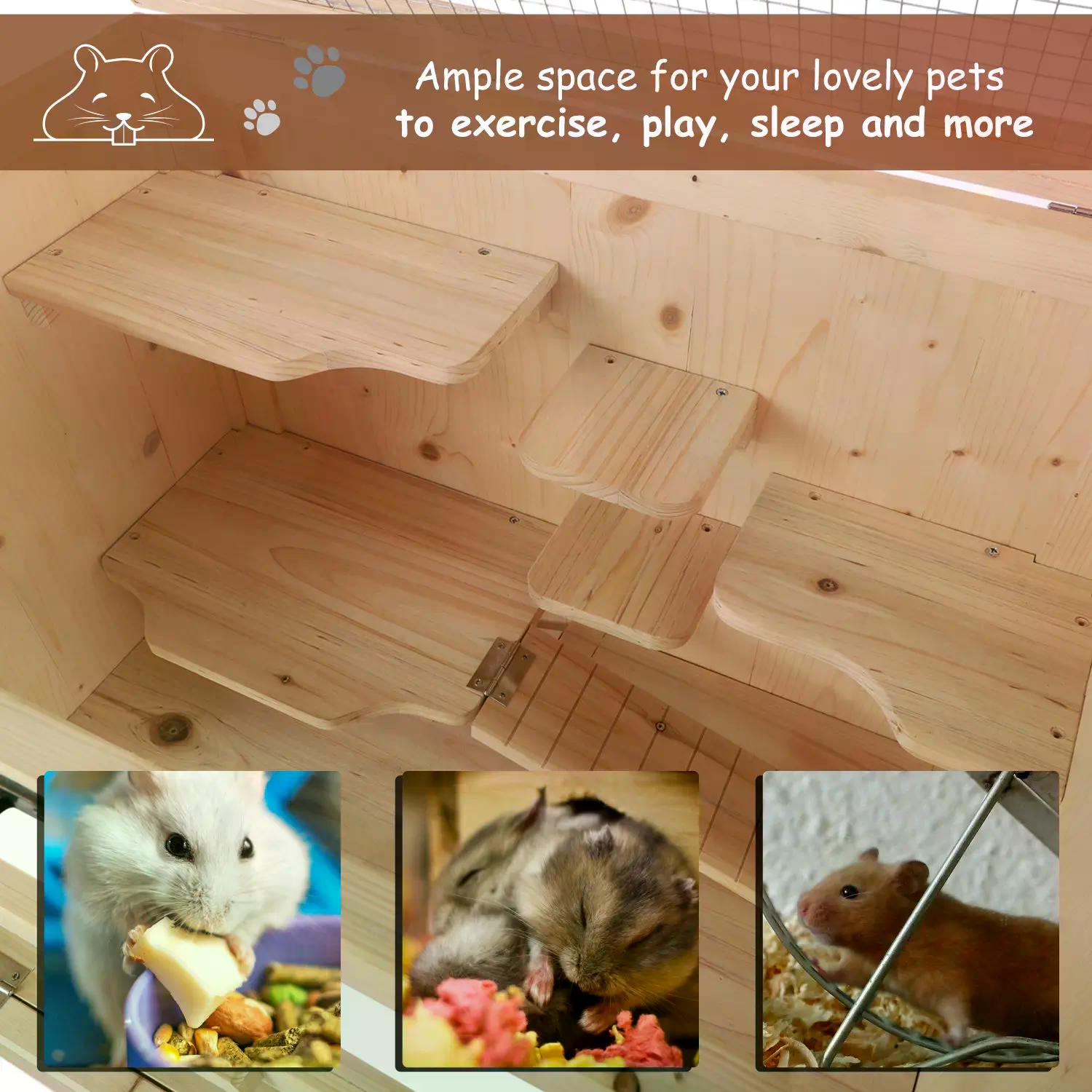 Hamster Cage Wooden Mouse Rodent Small Pet Animals 4 Layers Tall Bottom Storage Shelf Easy Clean