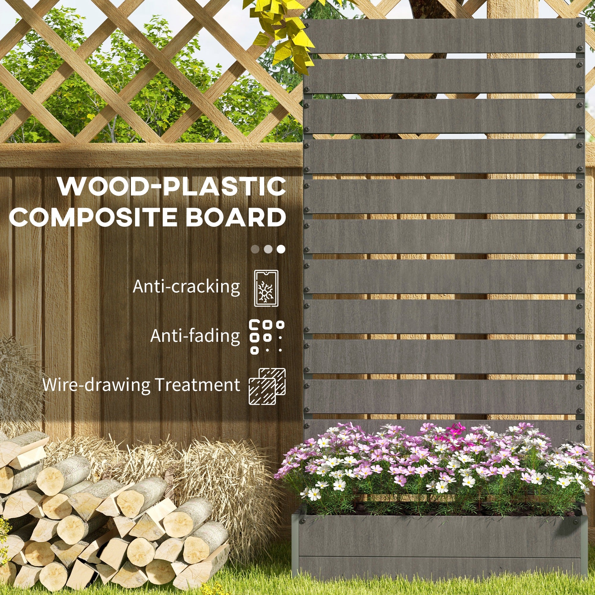 Raised Bed for Garden, Planter with Trellis for Climbing Plants, Vines, Planter Box with Drainage Gap, Dark Grey