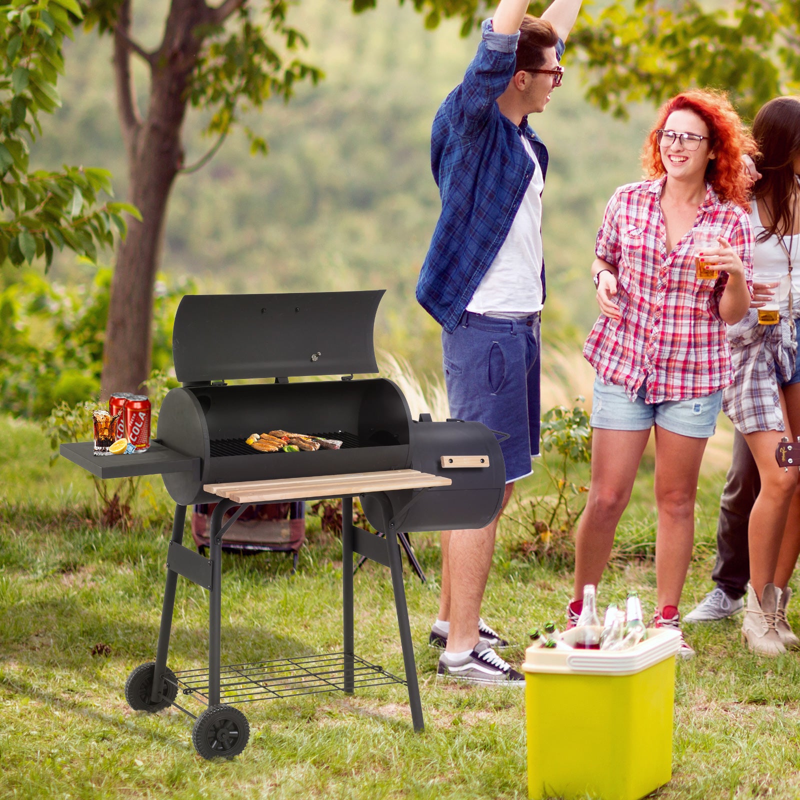 Charcoal Barbecue Grill Garden Portable BBQ Trolley w/ Offset Smoker Combo, Handy Shelves and On-lid Thermometer