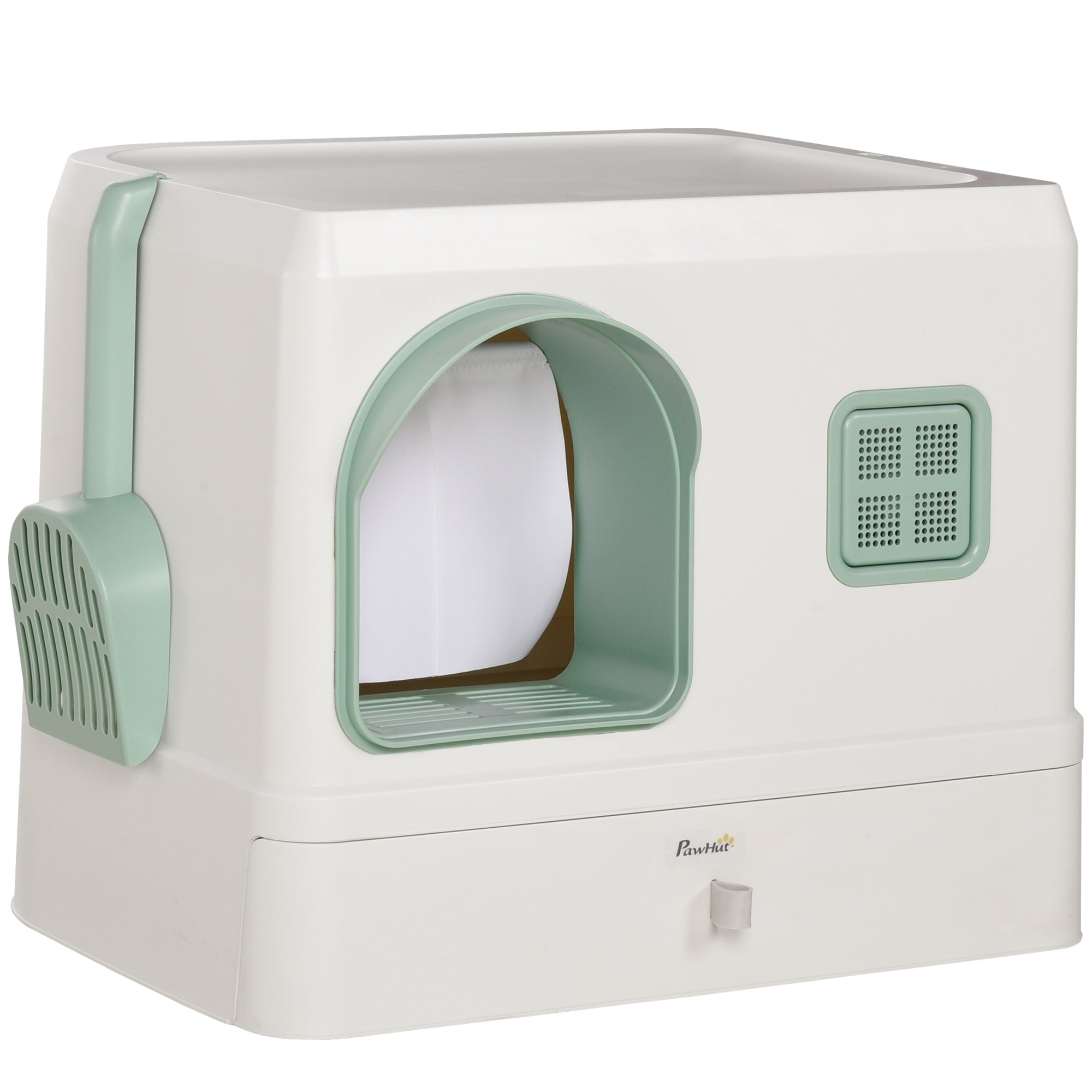 Cat Litter Box with Drawer Pan, Hooded Cat Litter Tray with Scoop, Deodorants, Front Entrance, 50 x 40 x 40 cm, White