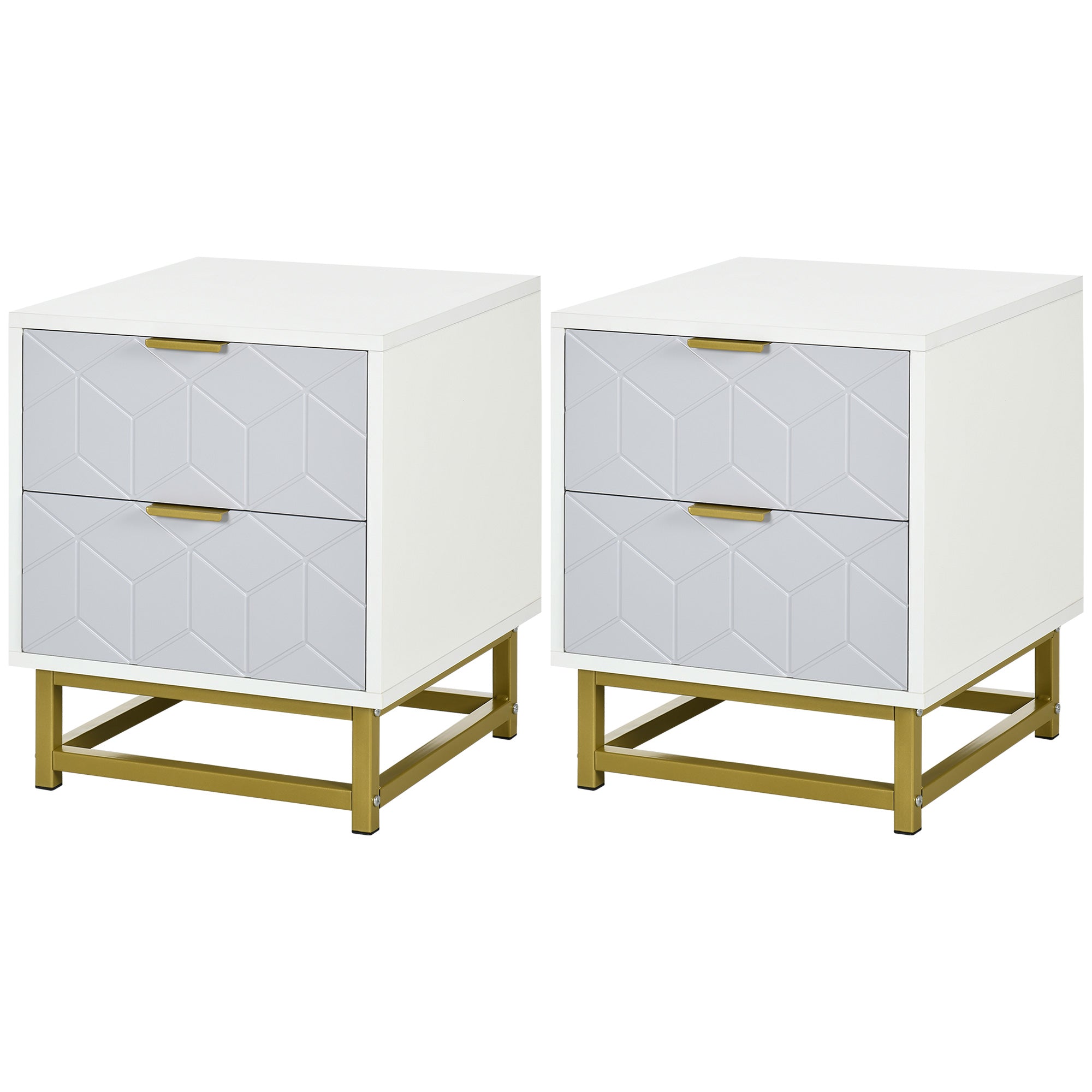 Bedside Table with 2 Drawers, Side Table, Bedside Cabinet with Steel Frame for Living Room, Bedroom, Set of 2, Grey and White